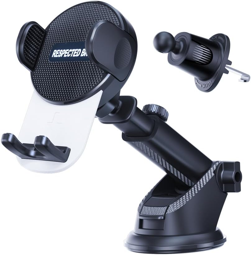 Black car phone mount with suction cup and magnetic attachment on a white background