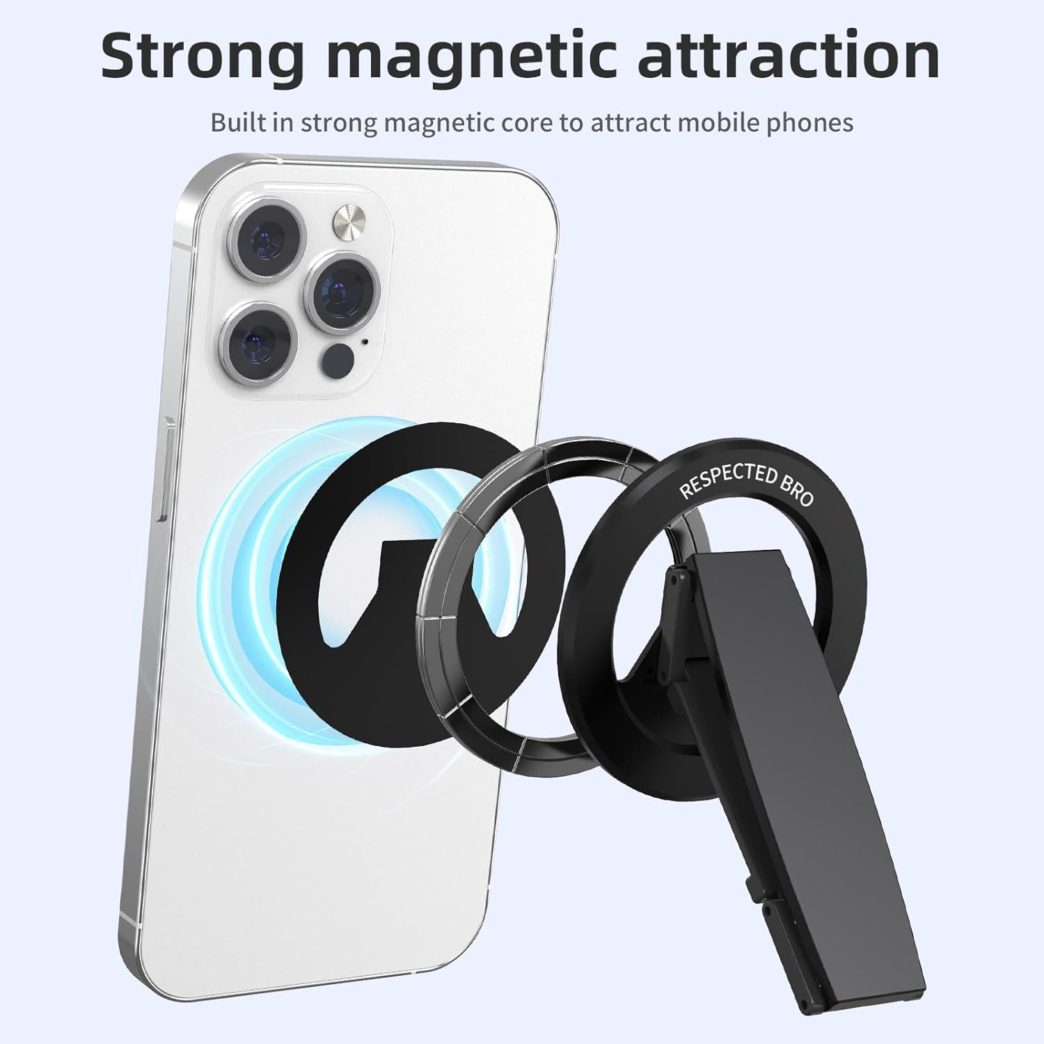 Magnetic-Phone-Grip-Stand, Magnetic Phone Ring Holder Kickstand with Silicone Finger Strap, Compatibility for iPhone 17/16/15/14/13/12, Android, and More (Black)