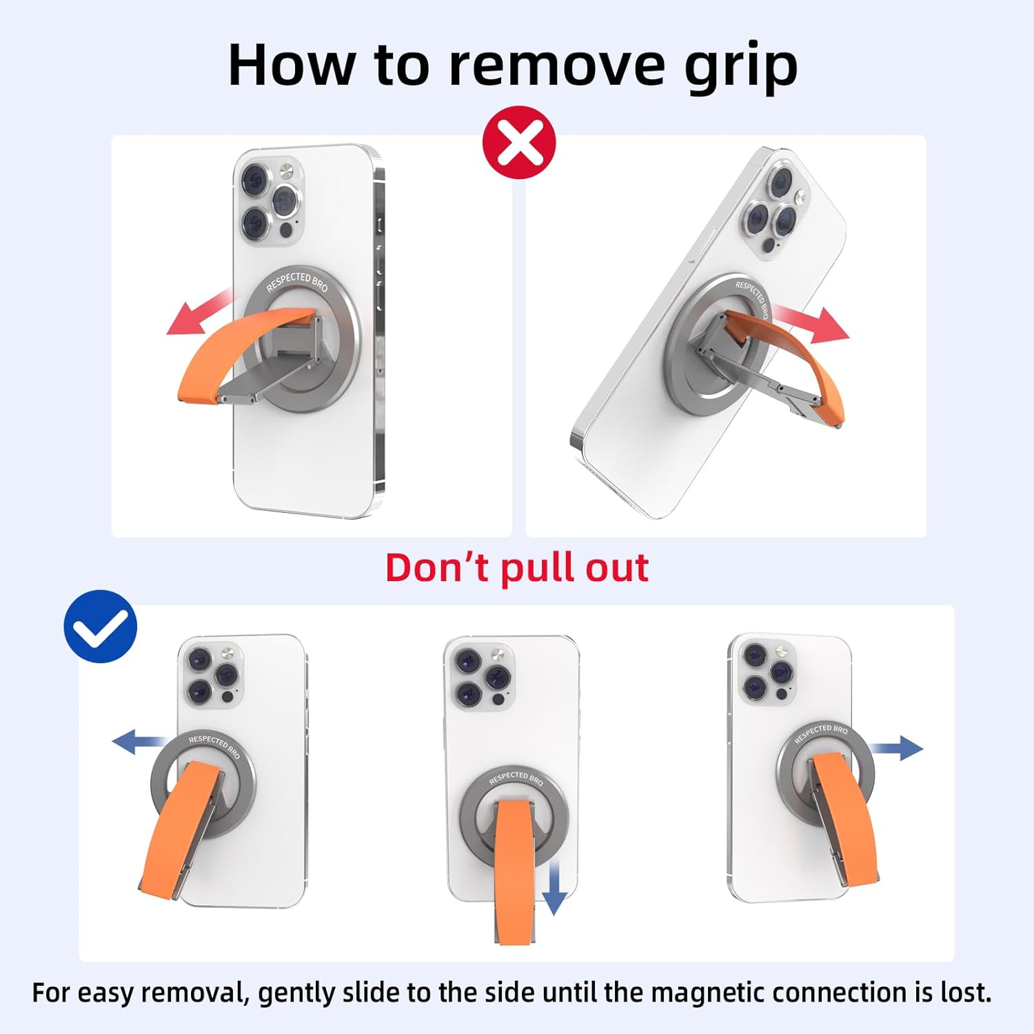 Magnetic-Phone-Grip-Stand, Magnetic Phone Ring Holder Kickstand with Silicone Finger Strap, Compatibility for iPhone 17/16/15/14/13/12, Android, and More (Orange)