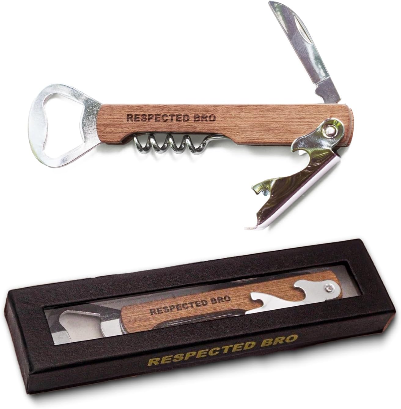 Multi-tool with bottle opener, corkscrew, and knife in a 'Respected Bro' branded box on a white background