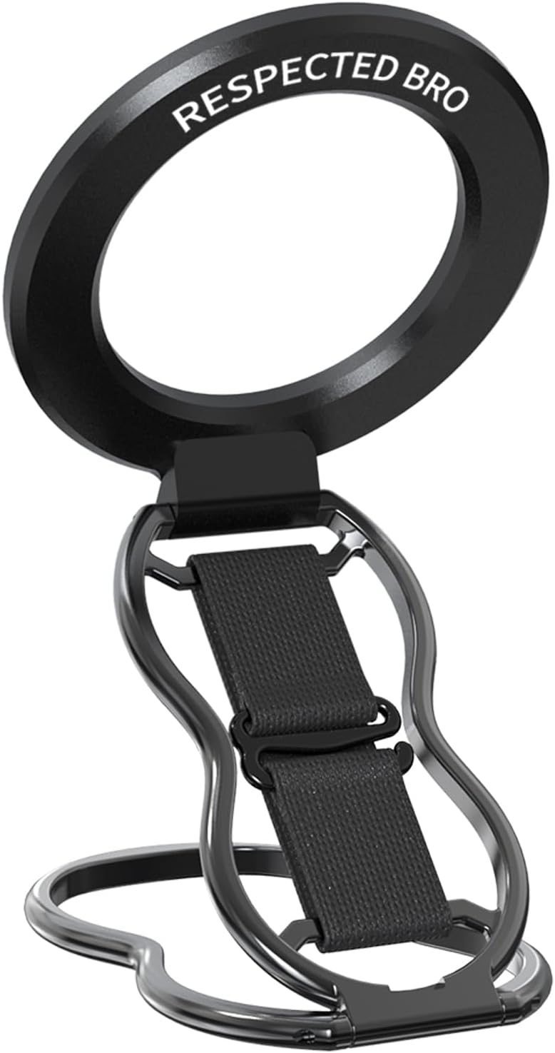 Magnetic-Phone-Grip-Stand-with-Finger-Strap, 4-in-1 Magnetic Ring Holder, Kickstand and Elastic Strap for Phones, Universal Fit for iPhone 17/16/15/14/13/12, Android, and Cases (Black)