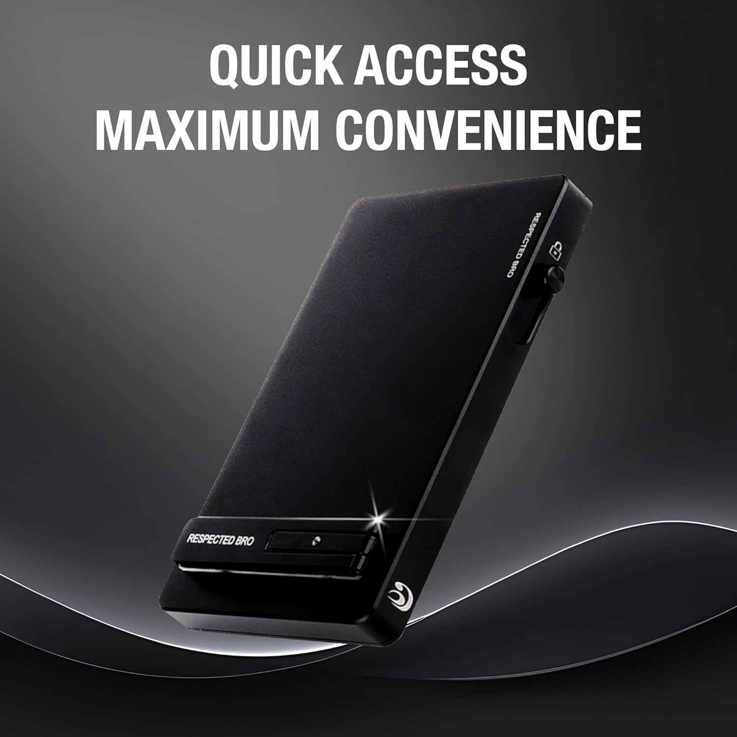Black electronic device with 'RESPECTED PRO' branding on a dark background, featuring text 'QUICK ACCESS MAXIMUM CONVENIENCE'.