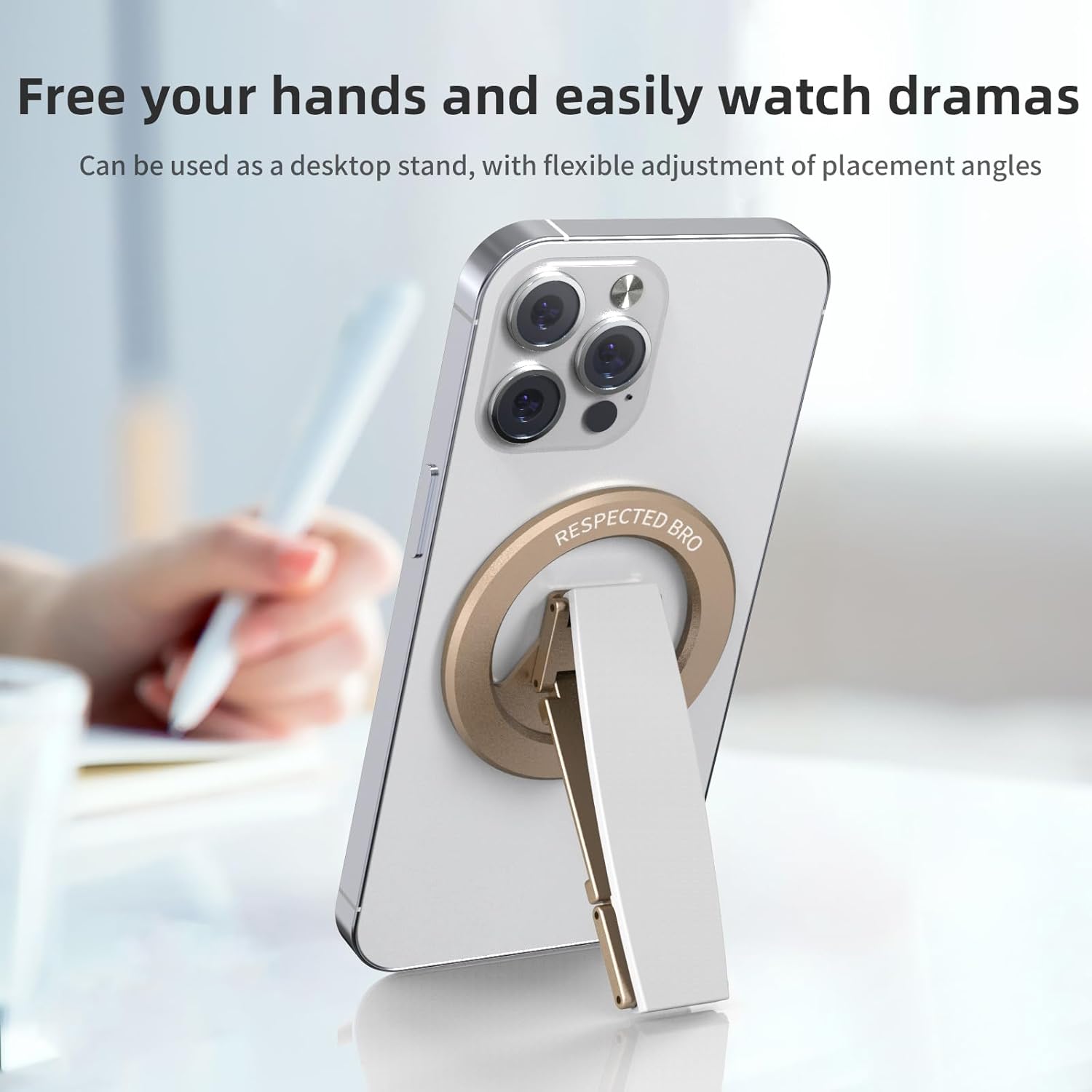 Magnetic-Phone-Grip-Stand, Magnetic Phone Ring Holder Kickstand with Silicone Finger Strap, Compatibility for iPhone 17/16/15/14/13/12, Android, and More (White)