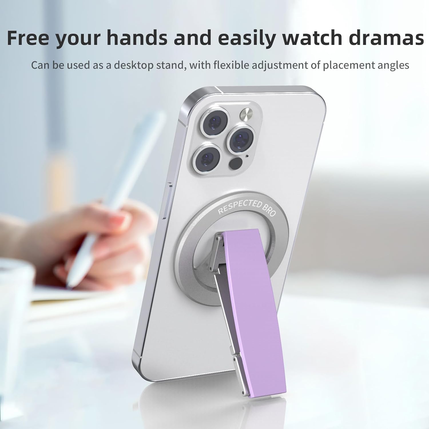 Magnetic-Phone-Grip-Stand, Magnetic Phone Ring Holder Kickstand with Silicone Finger Strap, Compatibility for iPhone 17/16/15/14/13/12, Android, and More (Purple)