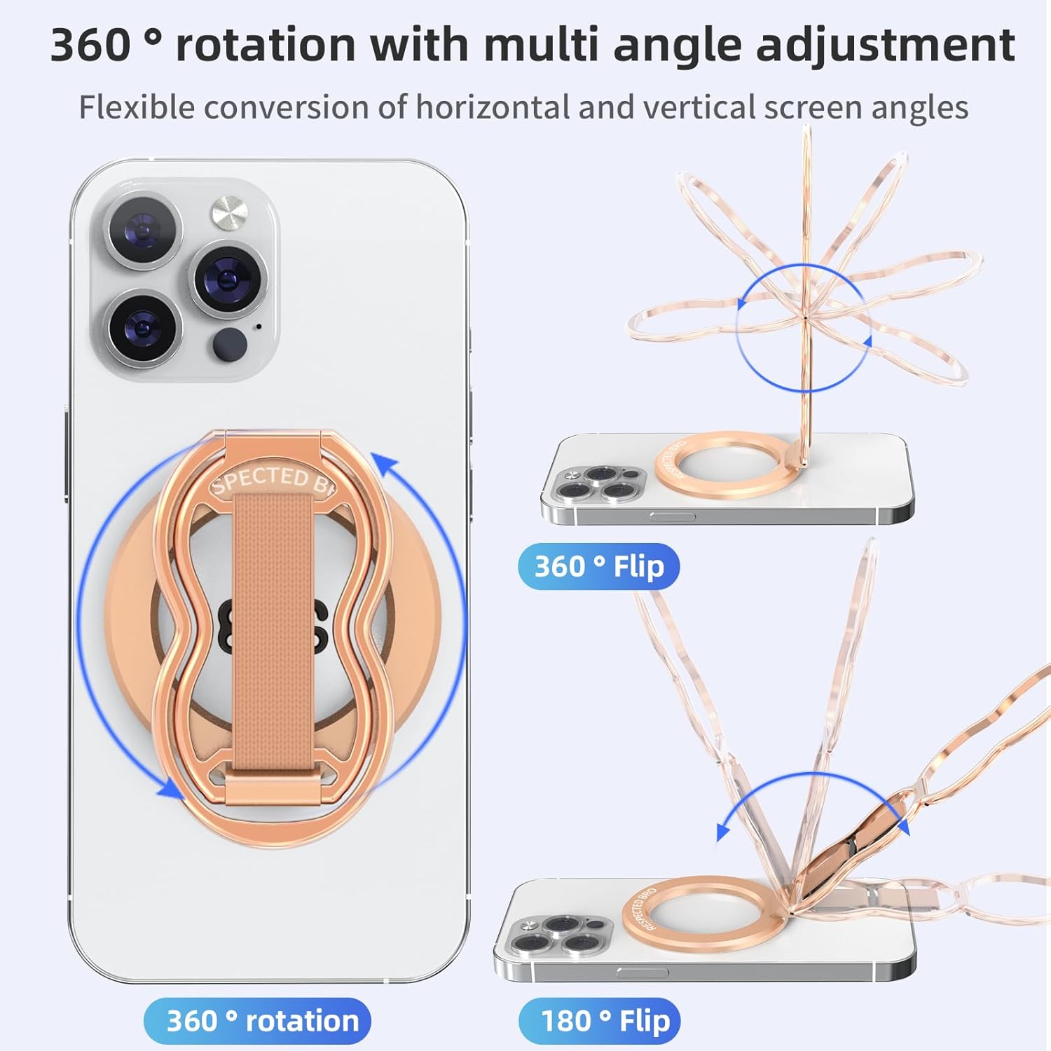 Magnetic-Phone-Grip-Stand-with-Finger-Strap, 4-in-1 Magnetic Ring Holder, Kickstand and Elastic Strap for Phones, Universal Fit for iPhone 17/16/15/14/13/12, Android and Cases(Rose Gold)