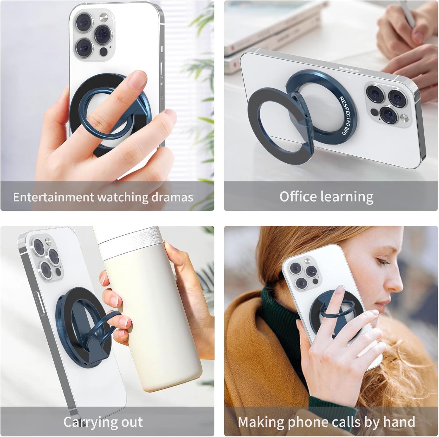 Magnetic-Phone-Ring-Holder with Dual Rings, Compatible with iPhone 17/16/15/14/13/12, Multifunctional Stand for Desk,Office,Gym,Kitchen & All Metal Surfaces, Finger Loop Grip (Dark Blue)