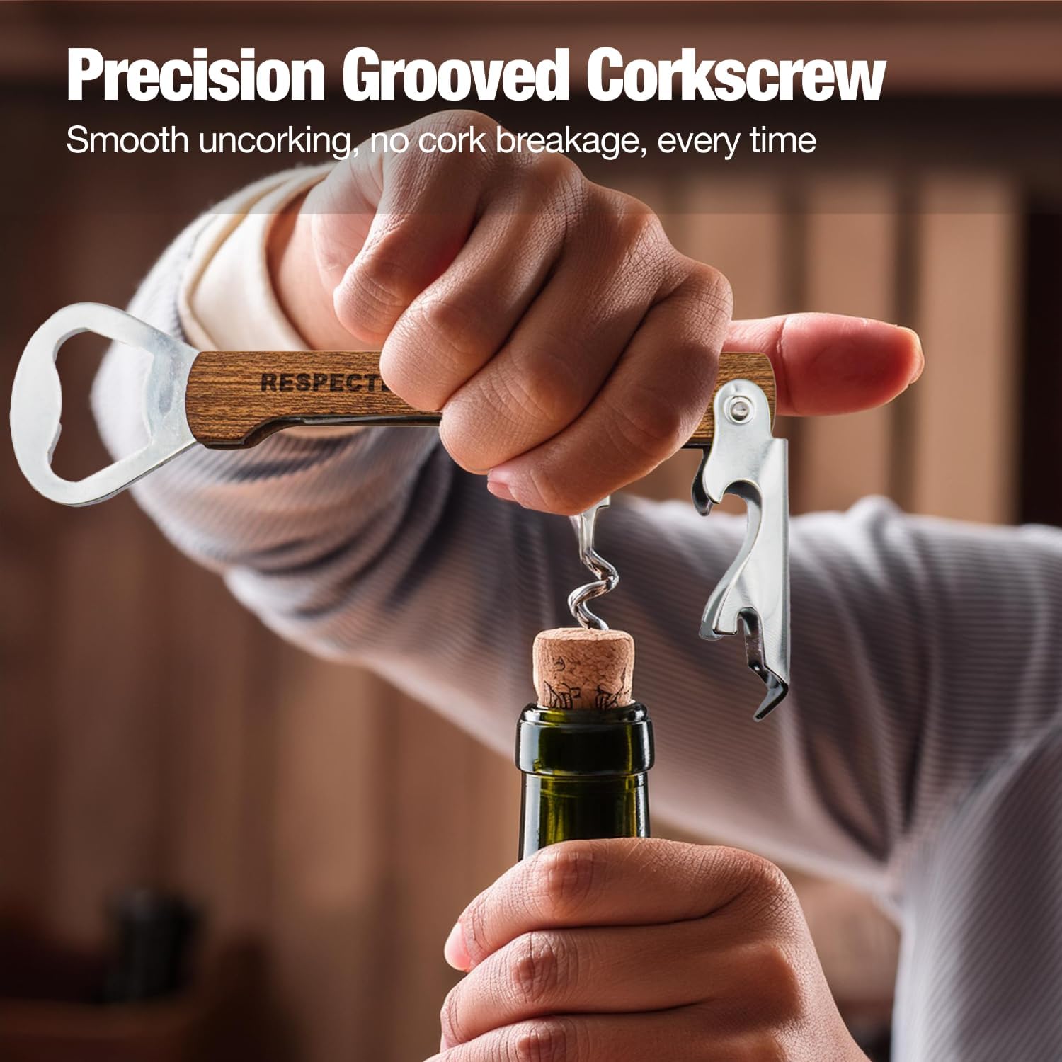 Precision grooved corkscrew being used to open a bottle with text 'Precision Grooved Corkscrew' and 'Smooth uncorking, no cork breakage, every time'.