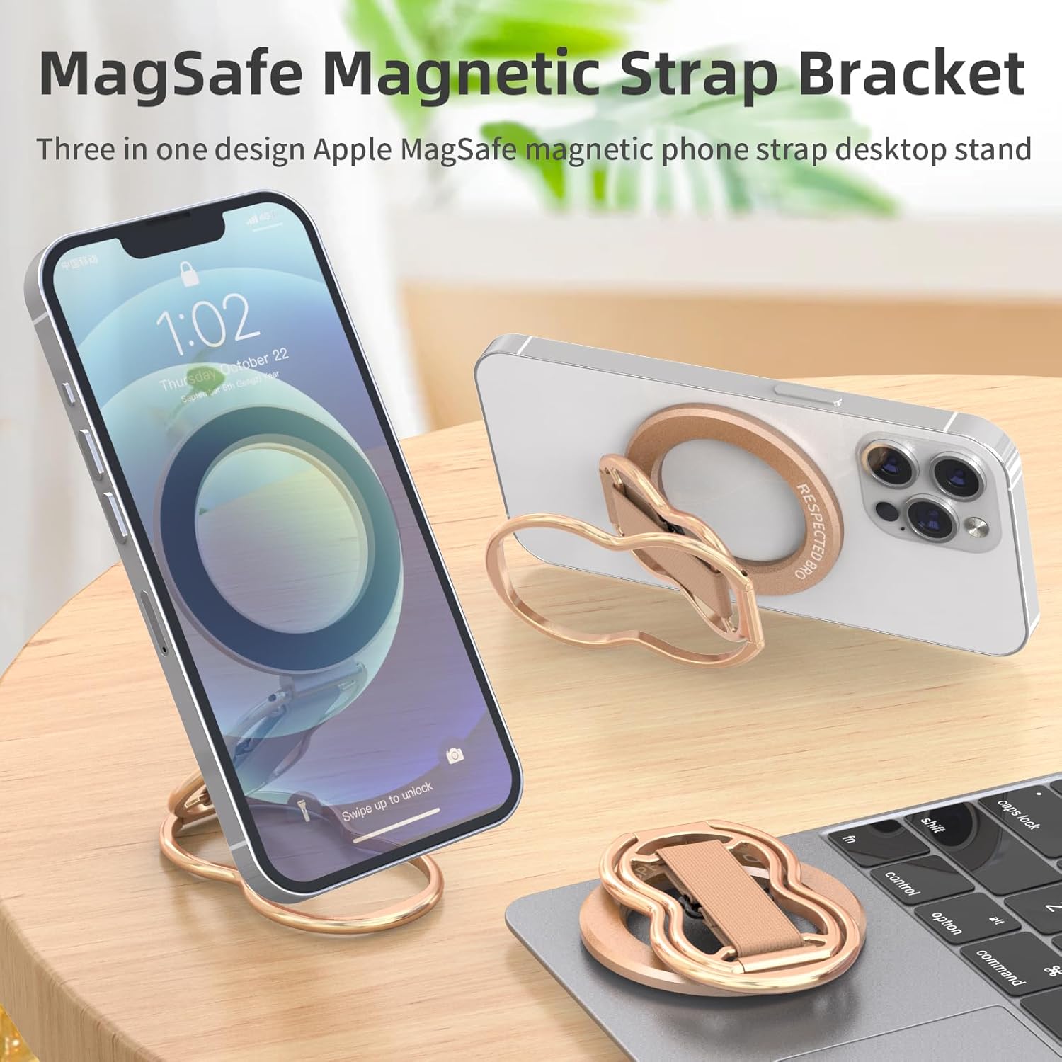 Magnetic-Phone-Grip-Stand-with-Finger-Strap, 4-in-1 Magnetic Ring Holder, Kickstand and Elastic Strap for Phones, Universal Fit for iPhone 17/16/15/14/13/12, Android and Cases(Rose Gold)