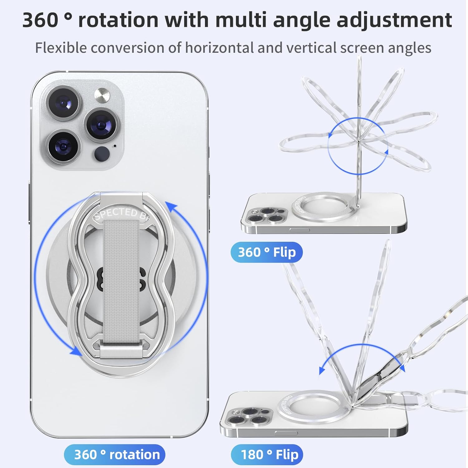 RESPECTED-BRO-Magnetic-Phone-Grip-Stand-with-Finger-Strap, 4-in-1 Magnetic Ring Holder, Kickstand and Elastic Strap for Phones, Universal Fit for iPhone 17/16/15/14/13/12, Android, and Cases (Silver)