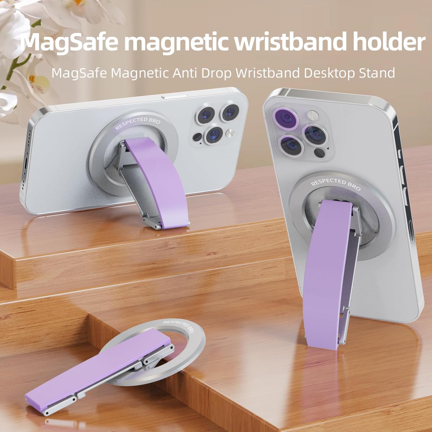 Magnetic-Phone-Grip-Stand, Magnetic Phone Ring Holder Kickstand with Silicone Finger Strap, Compatibility for iPhone 17/16/15/14/13/12, Android, and More (Purple)
