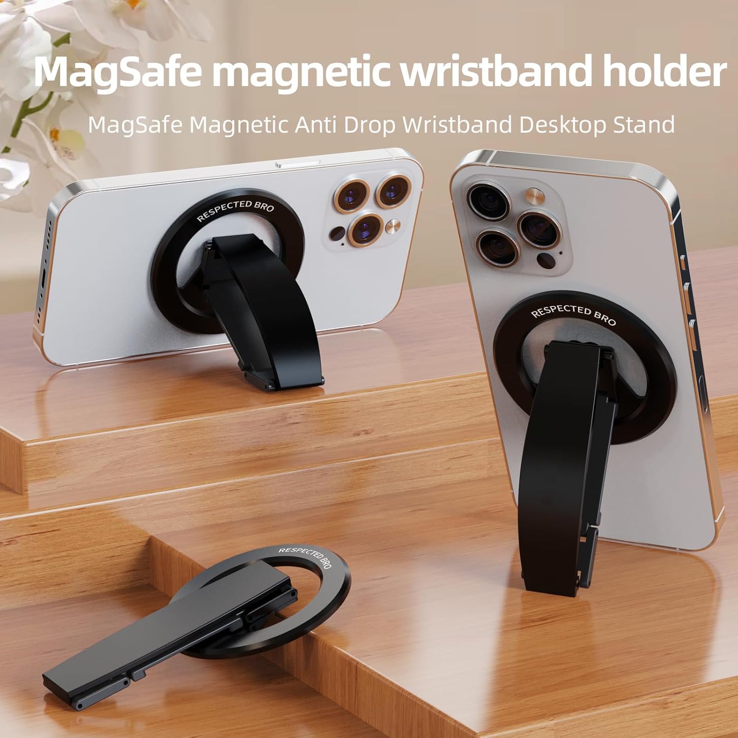 Magnetic-Phone-Grip-Stand, Magnetic Phone Ring Holder Kickstand with Silicone Finger Strap, Compatibility for iPhone 17/16/15/14/13/12, Android, and More (Black)