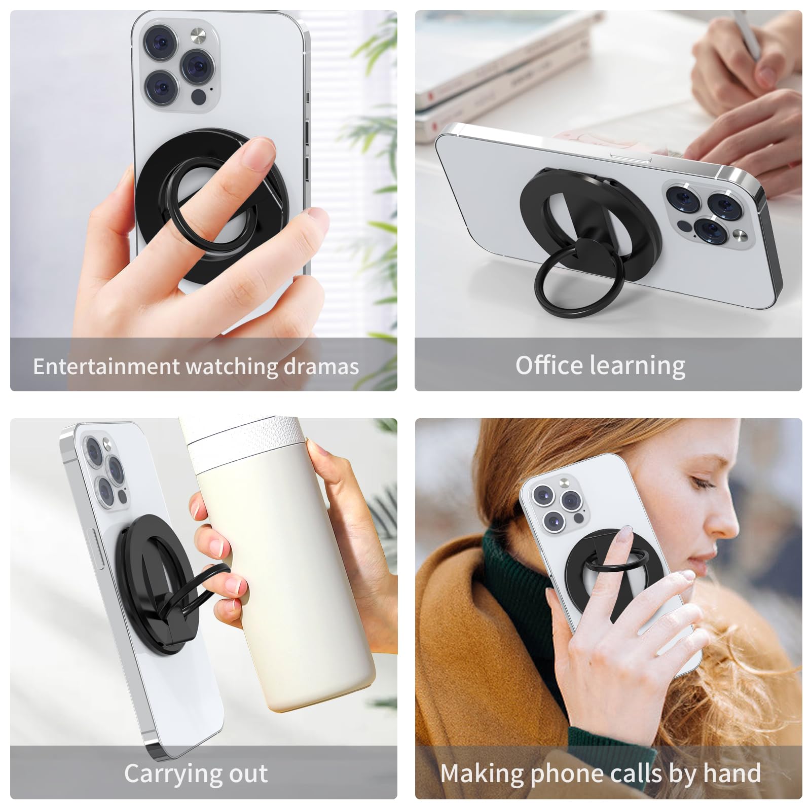 RESPECTED BRO-Magnetic-Phone-Ring-Holder with Dual Rings, Compatible with iPhone 17/16/15/14/13/12, Multifunctional Stand for Desk, Office, Gym, Kitchen & All Metal Surfaces, Finger Loop Grip (Black)