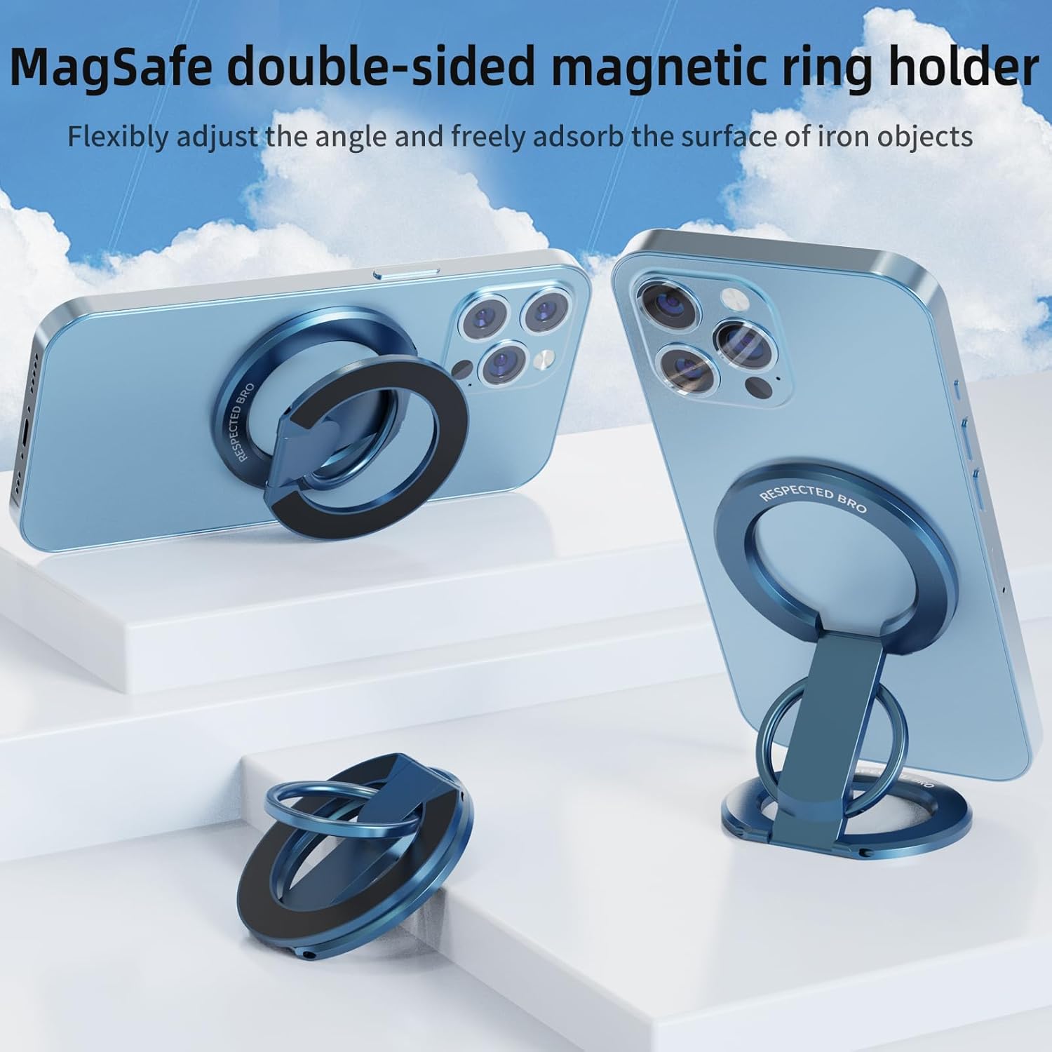 MagSafe double-sided magnetic ring holder with smartphone on a white background
