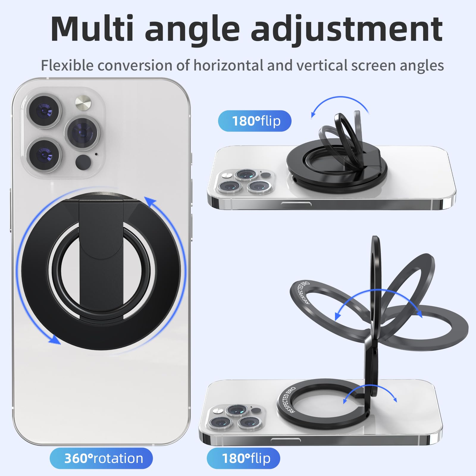 RESPECTED BRO-Magnetic-Phone-Ring-Holder with Dual Rings, Compatible with iPhone 17/16/15/14/13/12, Multifunctional Stand for Desk, Office, Gym, Kitchen & All Metal Surfaces, Finger Loop Grip (Black)
