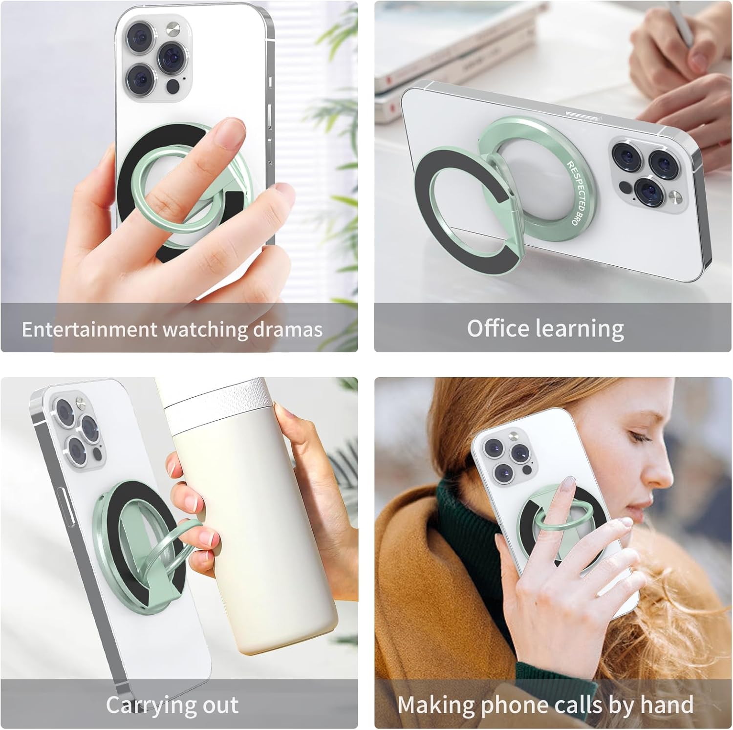 Magnetic-Phone-Ring-Holder with Dual Rings, Compatible with iPhone 17/16/15/14/13/12, Multifunctional Stand for Office, Gym, Kitchen & All Metal Surfaces, Finger Loop Grip (Light Green)