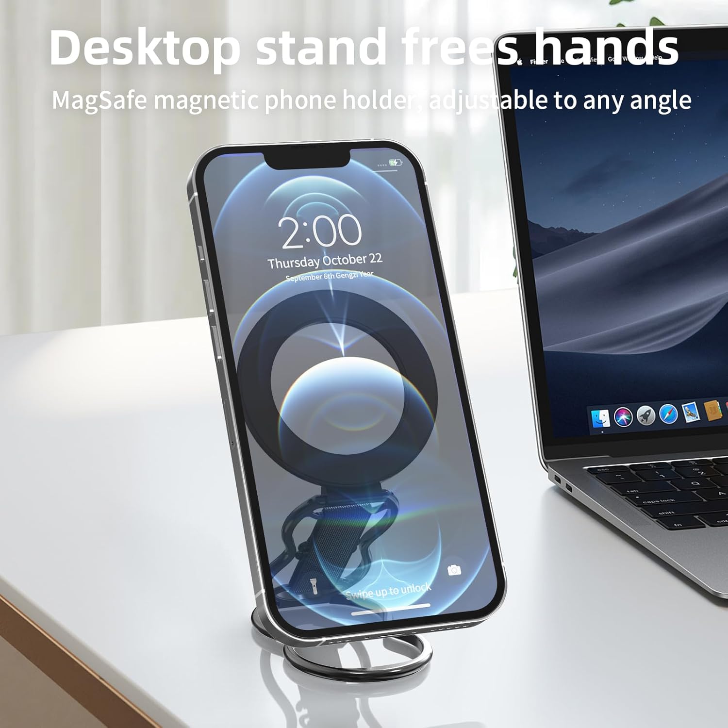 Magnetic-Phone-Grip-Stand-with-Finger-Strap, 4-in-1 Magnetic Ring Holder, Kickstand and Elastic Strap for Phones, Universal Fit for iPhone 17/16/15/14/13/12, Android, and Cases (Black)