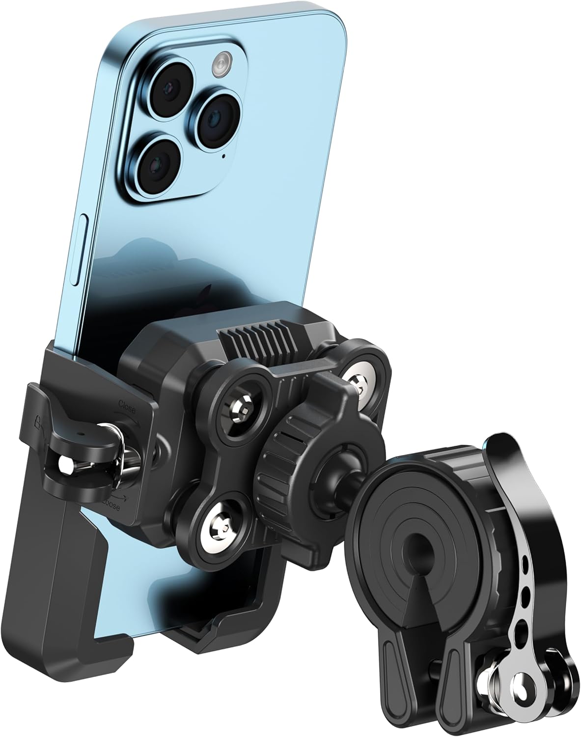 Phone holder with a blue phone attached on a white background
