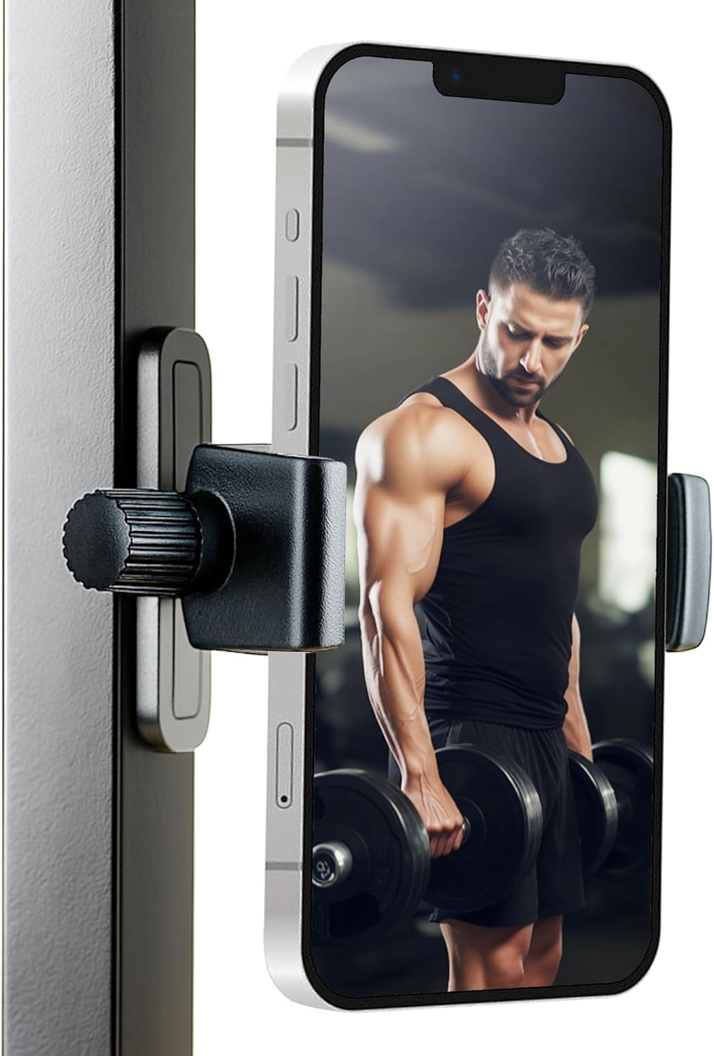 Phone holder with smartphone displaying a fitness app showing a man lifting weights.