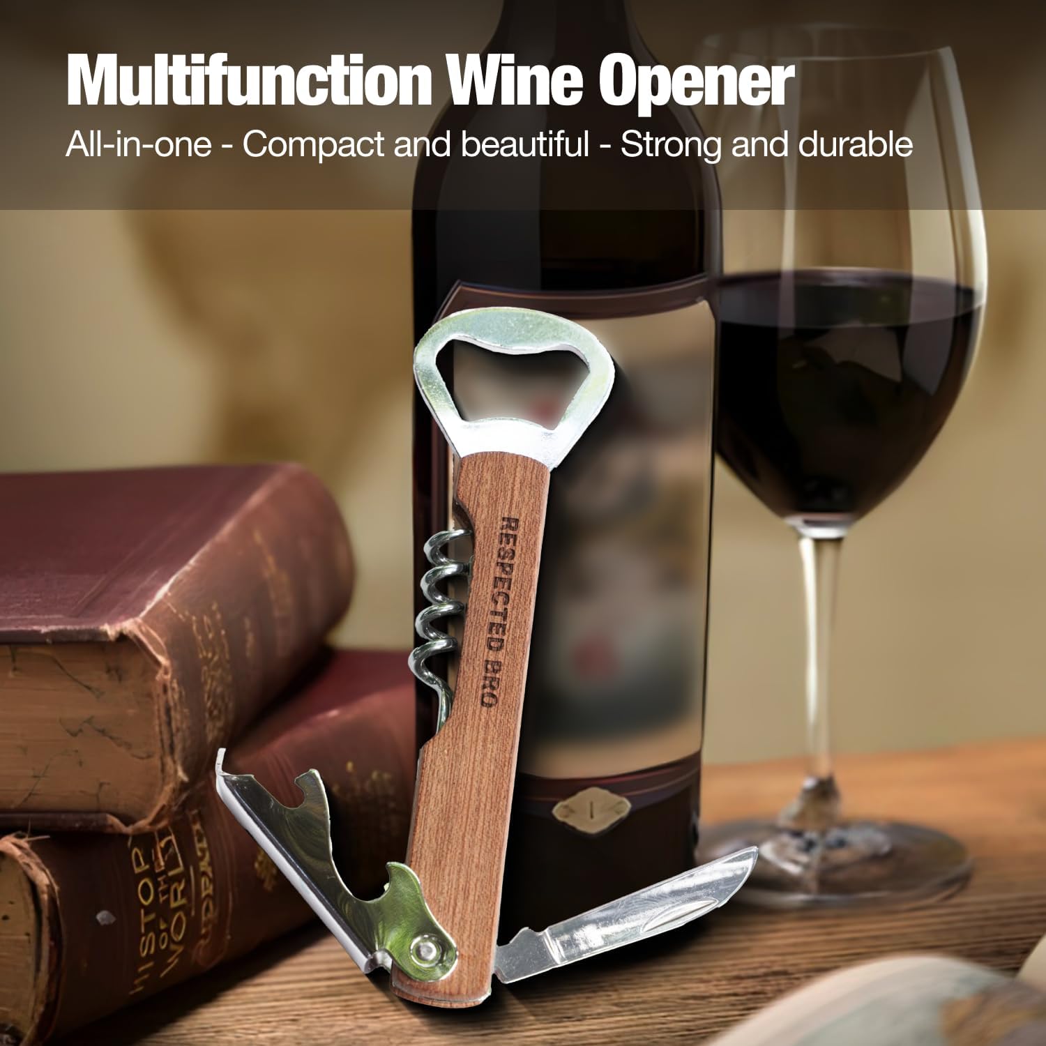 Multifunctional wine opener with bottle, glass, and books on a wooden surface