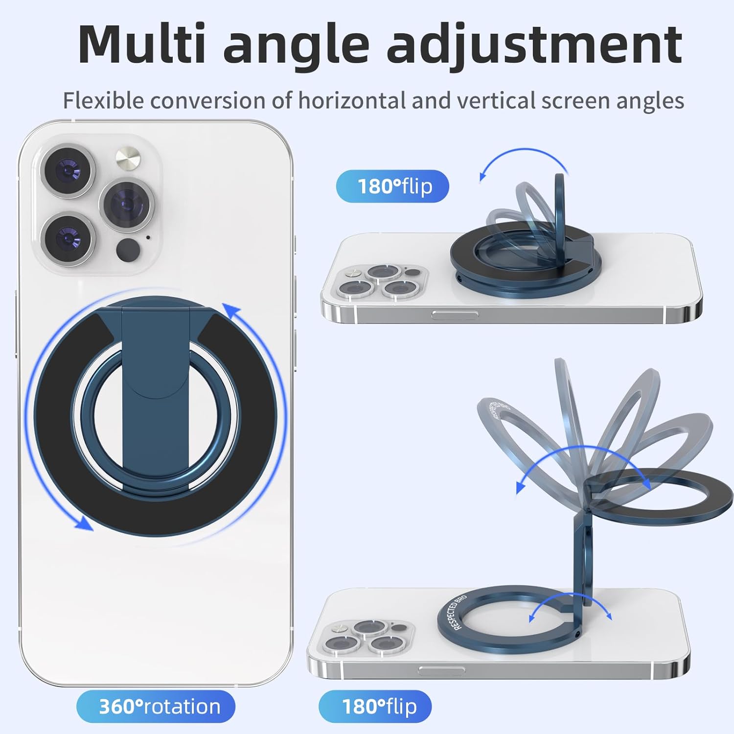 Phone case with multi-angle adjustment features on a white background