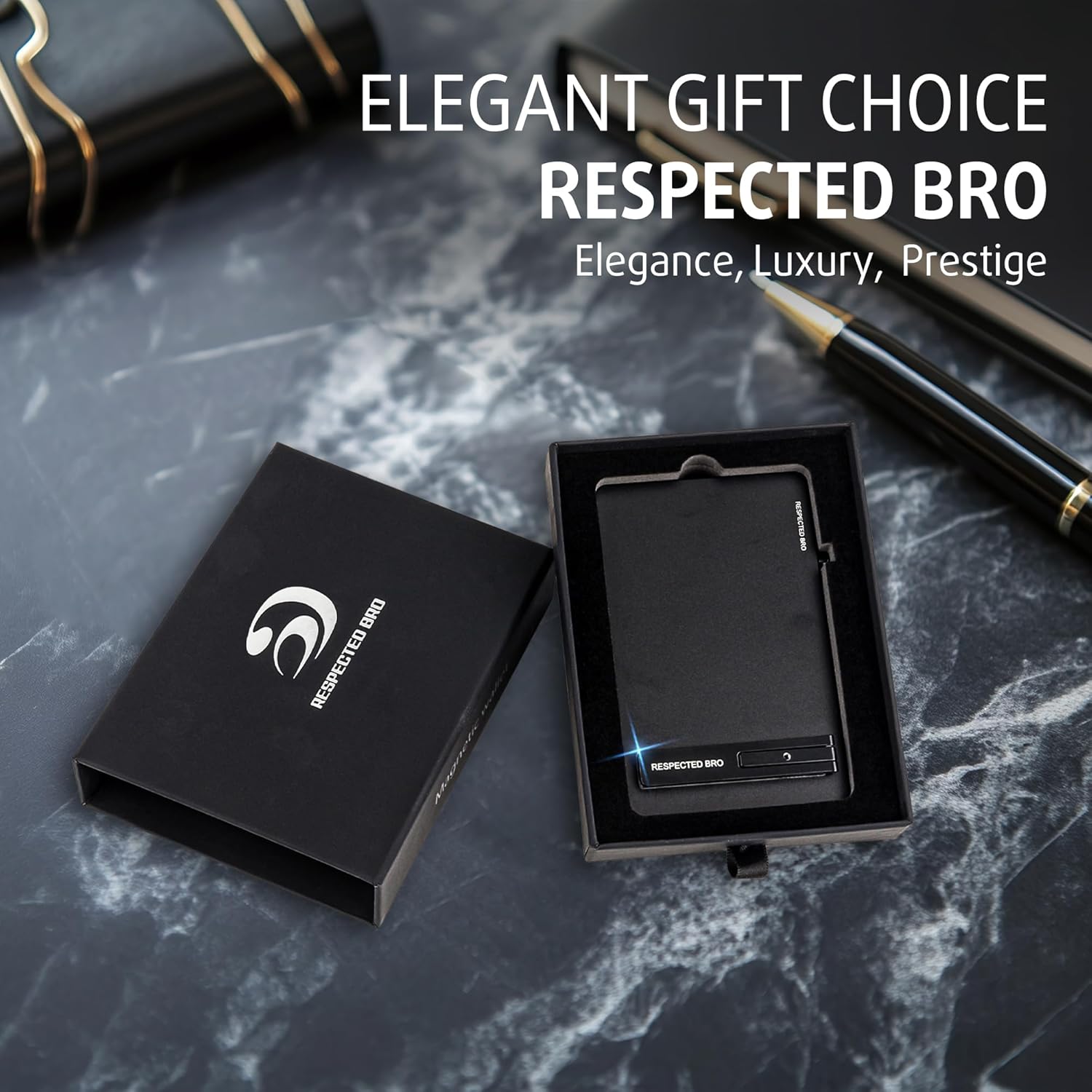 Black gift box with branded logo on a marble surface, featuring text about an 'Elegant Gift Choice'.