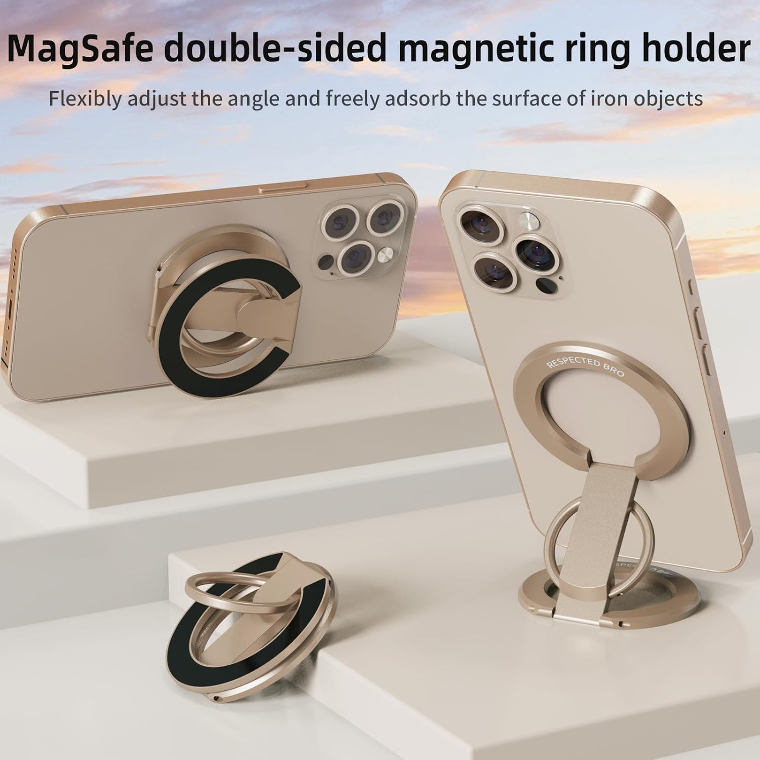 MagSafe double-sided magnetic ring holder with gold phone case on a light background