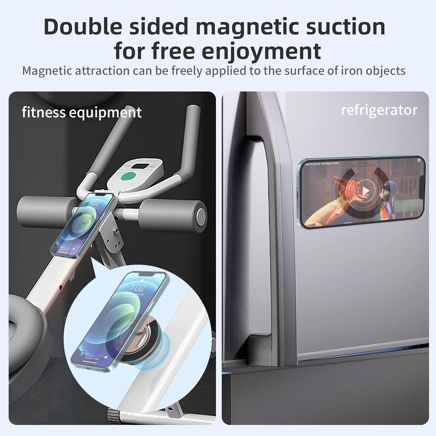 Magnetic phone holder with fitness equipment and refrigerator examples on a white background