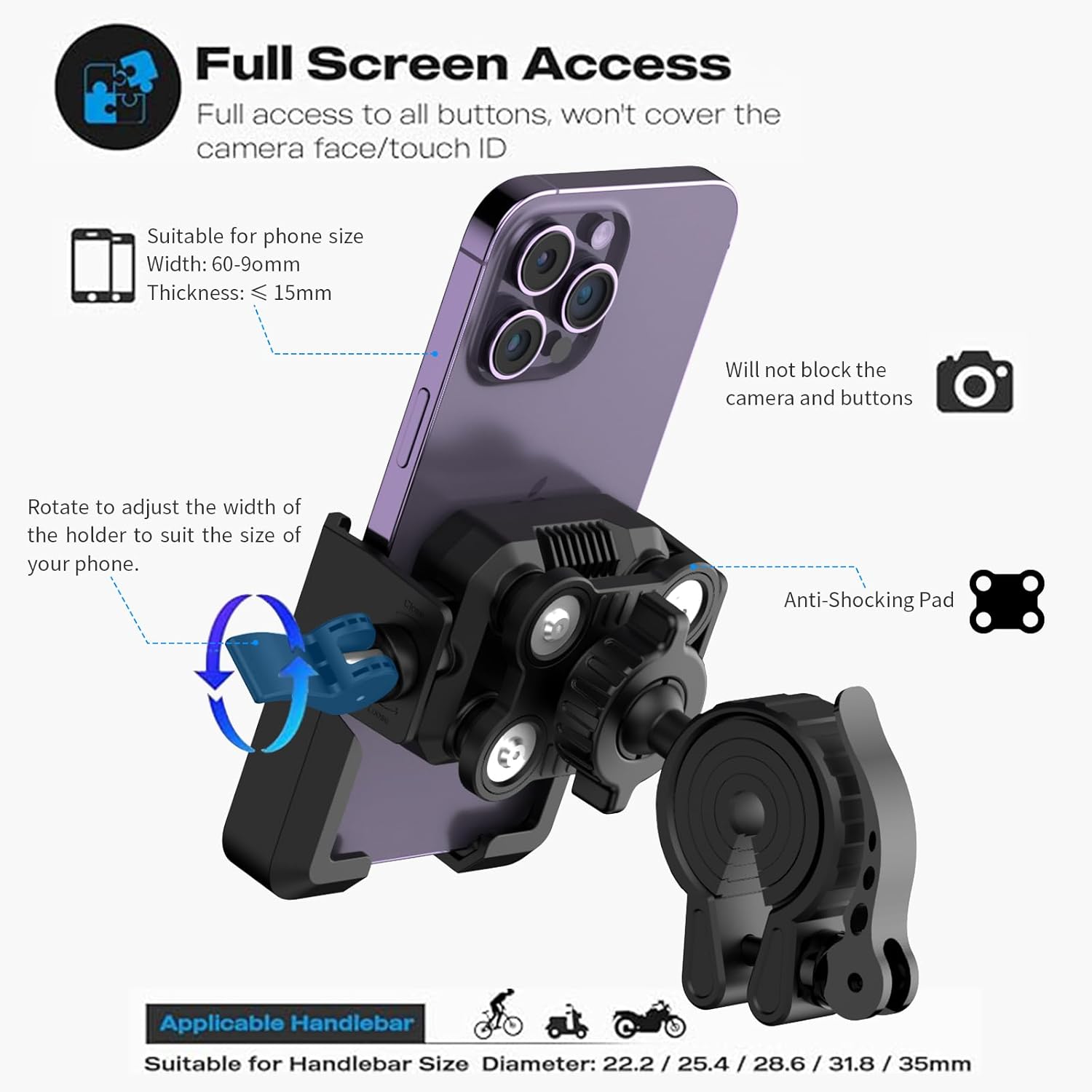 Motorcycle-Phone-Mount & Bike Phone Holder - Durable Phone Holder for Bike and Motorcycle, Bicycle Phone Mount, Fits All Smartphones (Black)