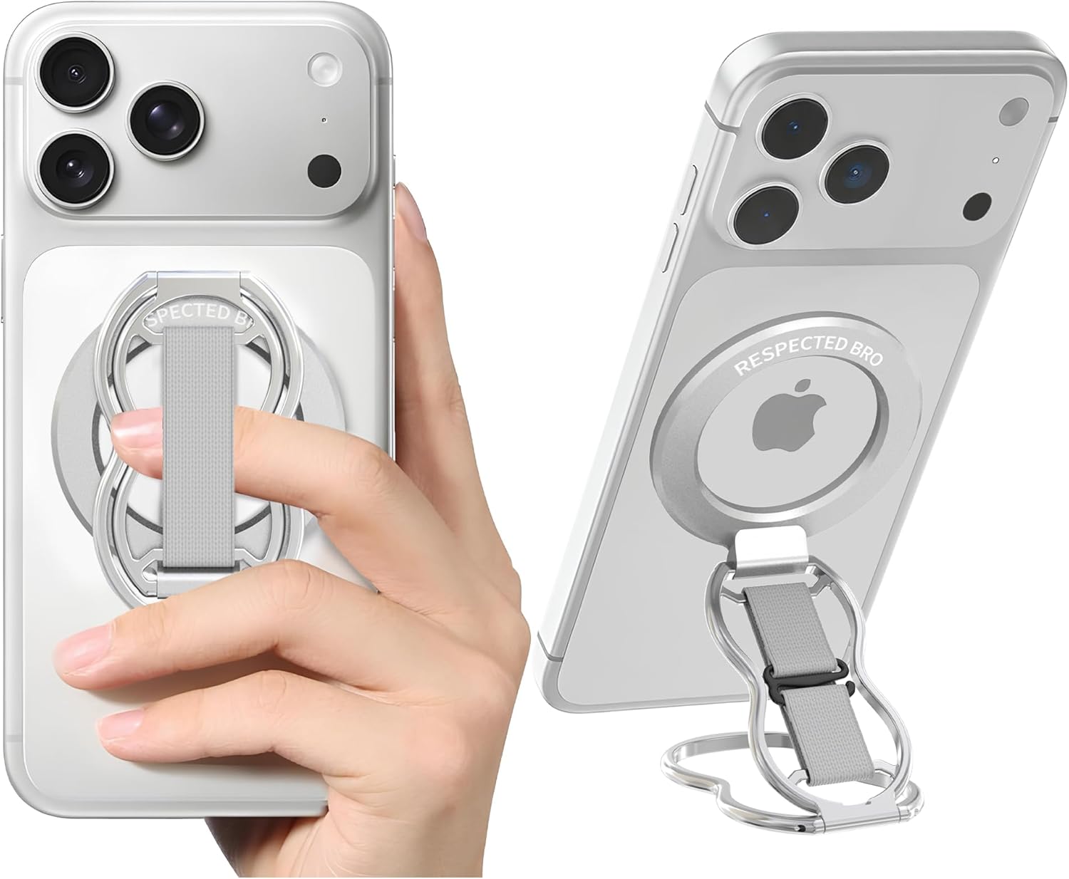 RESPECTED-BRO-Magnetic-Phone-Grip-Stand-with-Finger-Strap, 4-in-1 Magnetic Ring Holder, Kickstand and Elastic Strap for Phones, Universal Fit for iPhone 17/16/15/14/13/12, Android, and Cases (Silver)