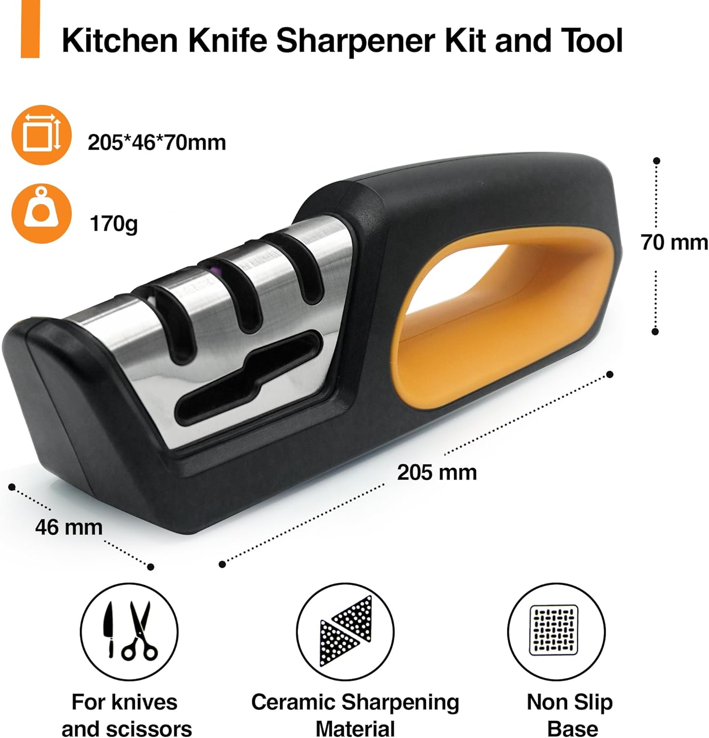 Kitchen knife sharpener kit with dimensions and features on a white background