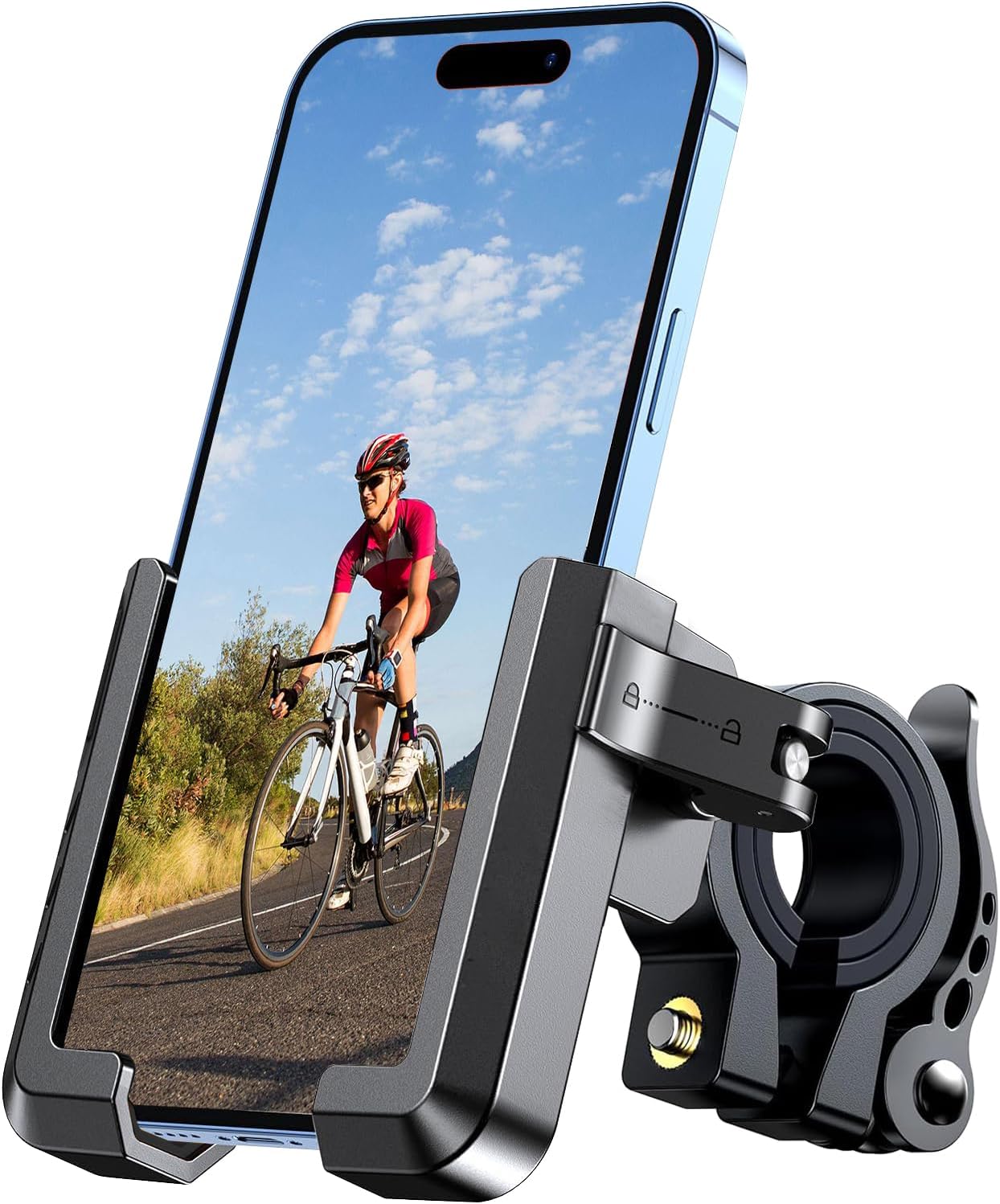 Phone mount with smartphone displaying a cyclist on a road