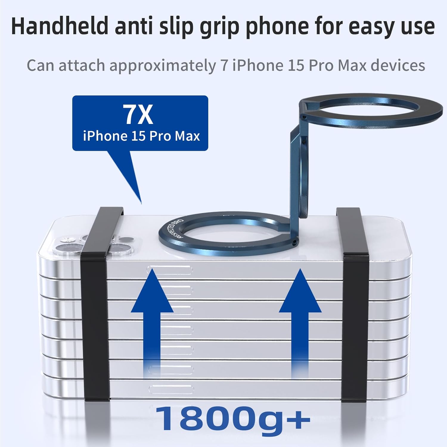 Handheld anti-slip grip phone holder with capacity for 7 iPhone 15 Pro Max devices on a light blue background.