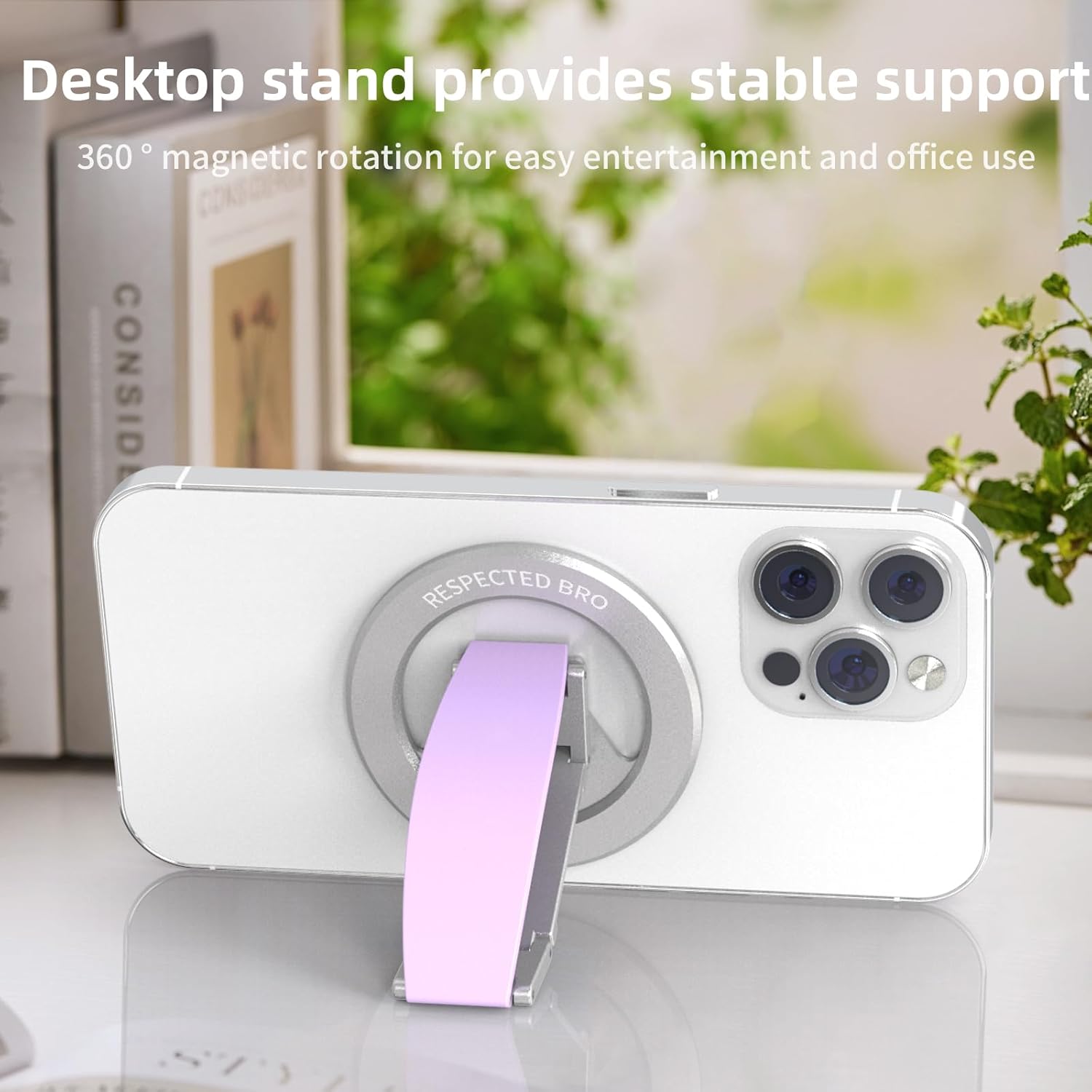 Magnetic-Phone-Grip-Stand, Magnetic Phone Ring Holder Kickstand with Silicone Finger Strap, Compatibility for iPhone 17/16/15/14/13/12, Android, and More (Purple)
