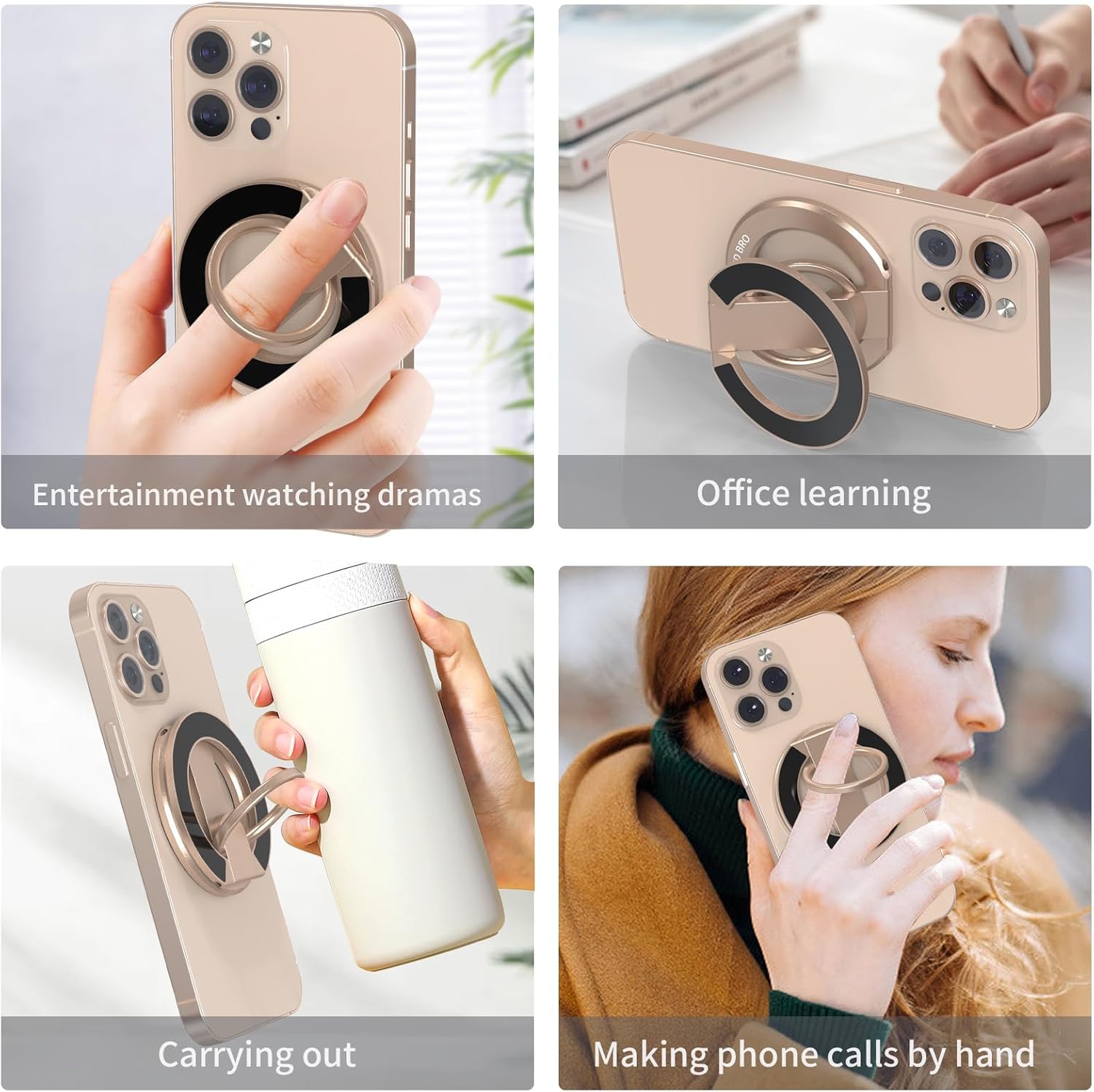 Magnetic-Phone-Ring-Holder with Dual Rings, Compatible with iPhone 17/16/15/14/13/12, Multifunctional Stand for Office, Gym, Kitchen & All Metal Surfaces, Finger Loop Grip (Desert Gold)