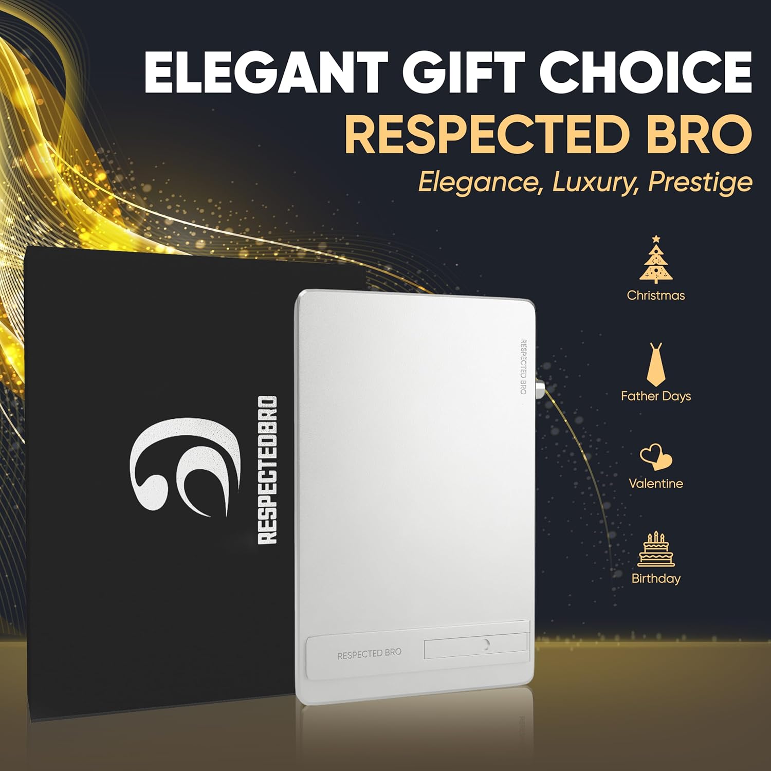 White electronic device with black cover featuring 'Respected Bro' branding on a dark background with text and icons.