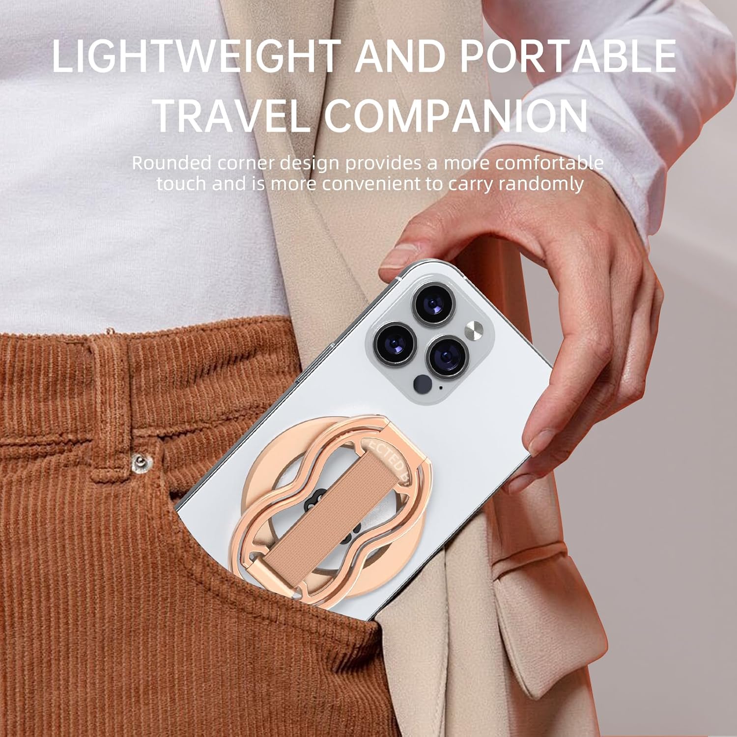 Magnetic-Phone-Grip-Stand-with-Finger-Strap, 4-in-1 Magnetic Ring Holder, Kickstand and Elastic Strap for Phones, Universal Fit for iPhone 17/16/15/14/13/12, Android and Cases(Rose Gold)
