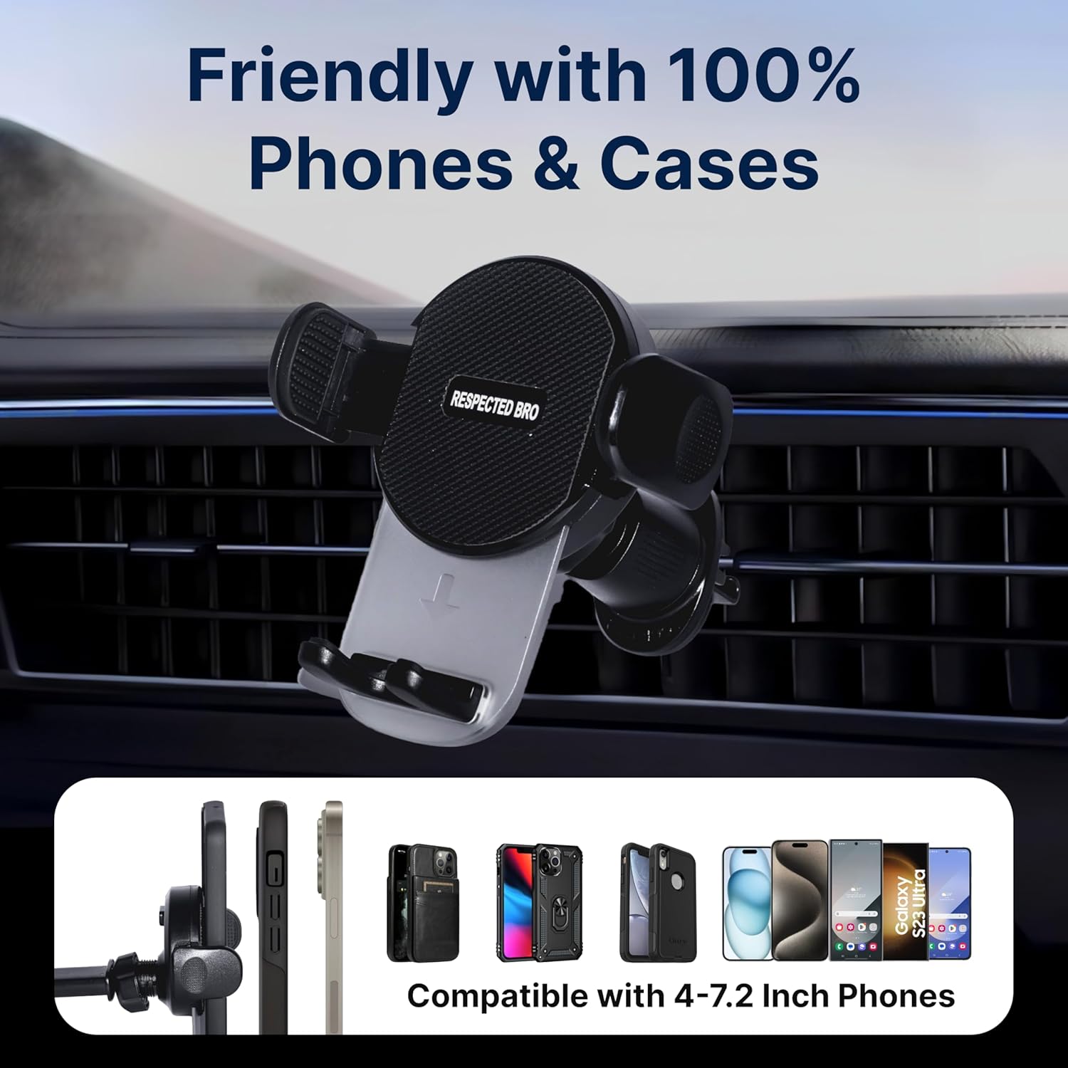 Car phone holder mounted on a car's air vent with compatibility information displayed.