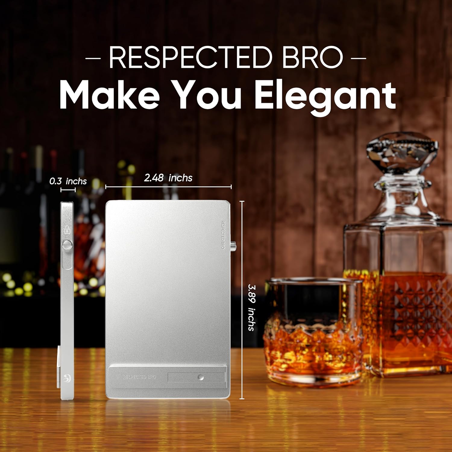 Product dimensions displayed with a glass of whiskey and decanter on a wooden surface.