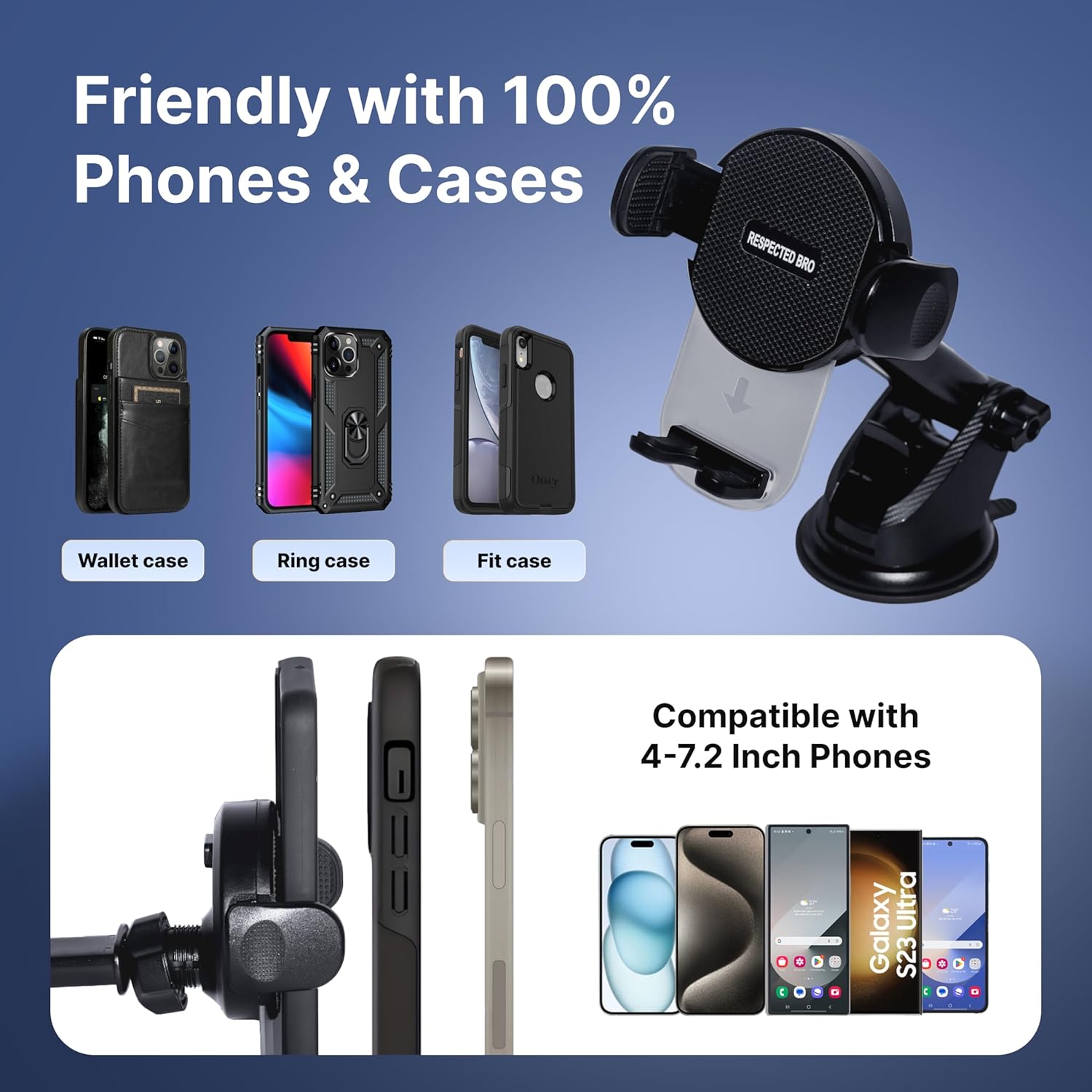 Phone cases and car mount with compatibility information on a blue background