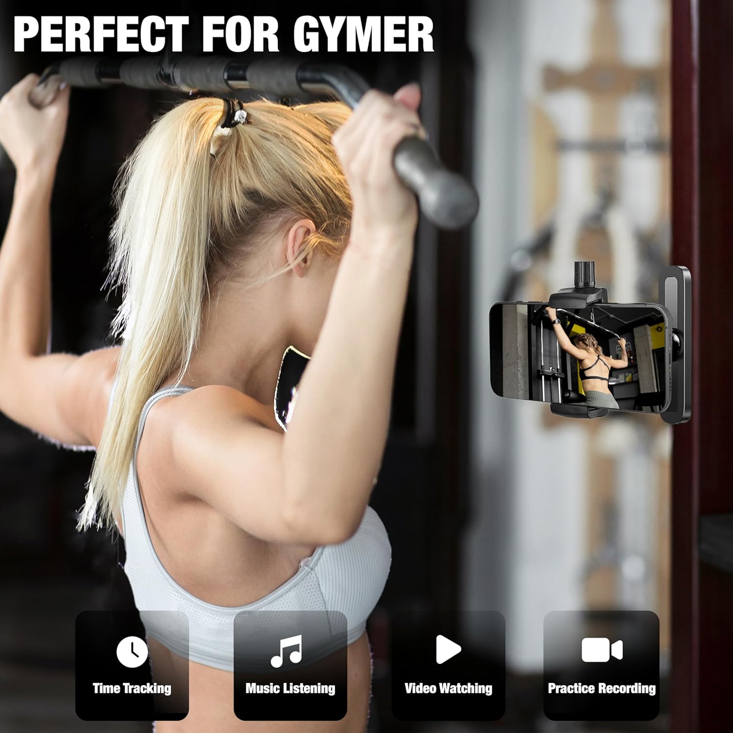Woman exercising with a pull-up bar, smartphone mounted on a stand showing workout video.
