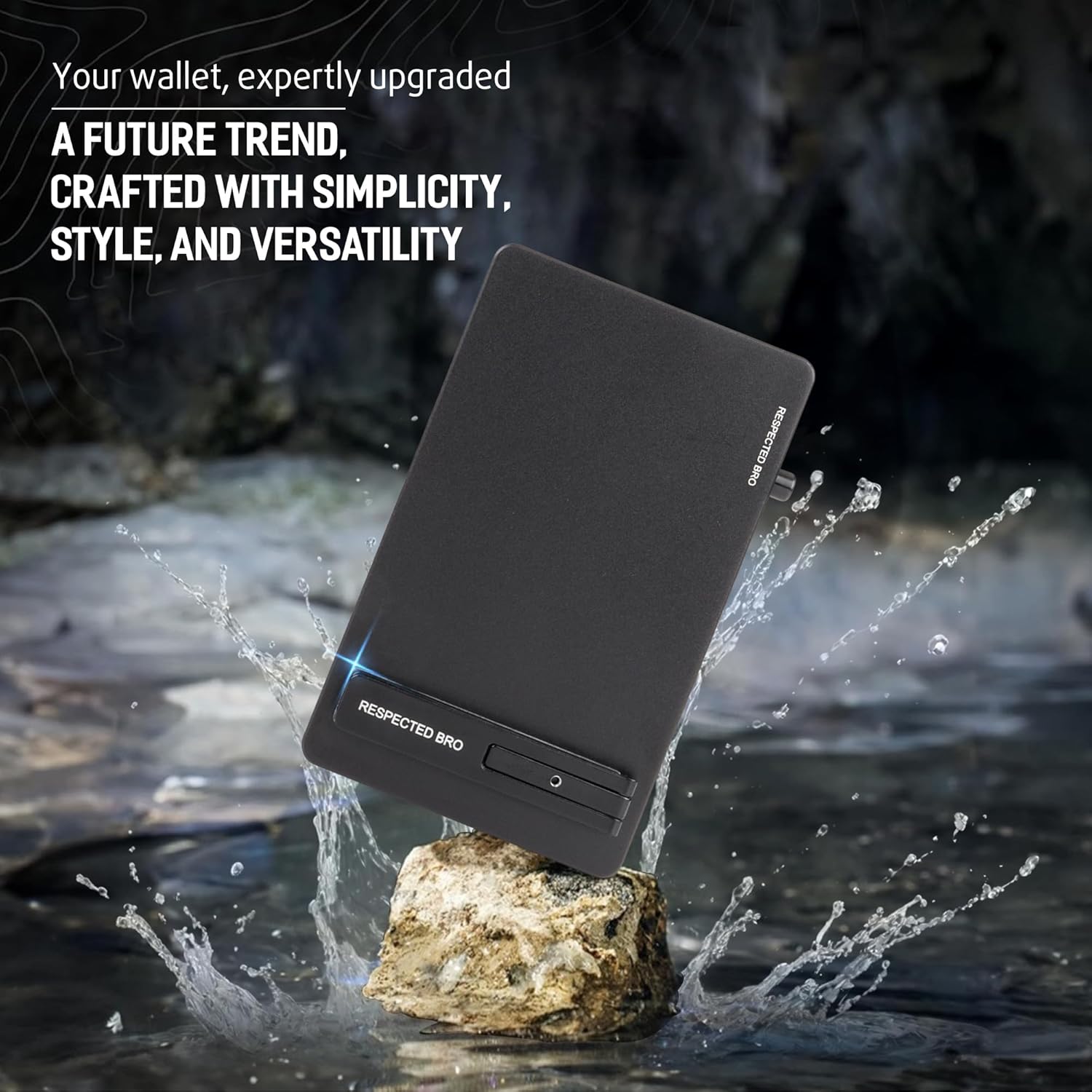 Black wallet being dropped into water with text about simplicity, style, and versatility.