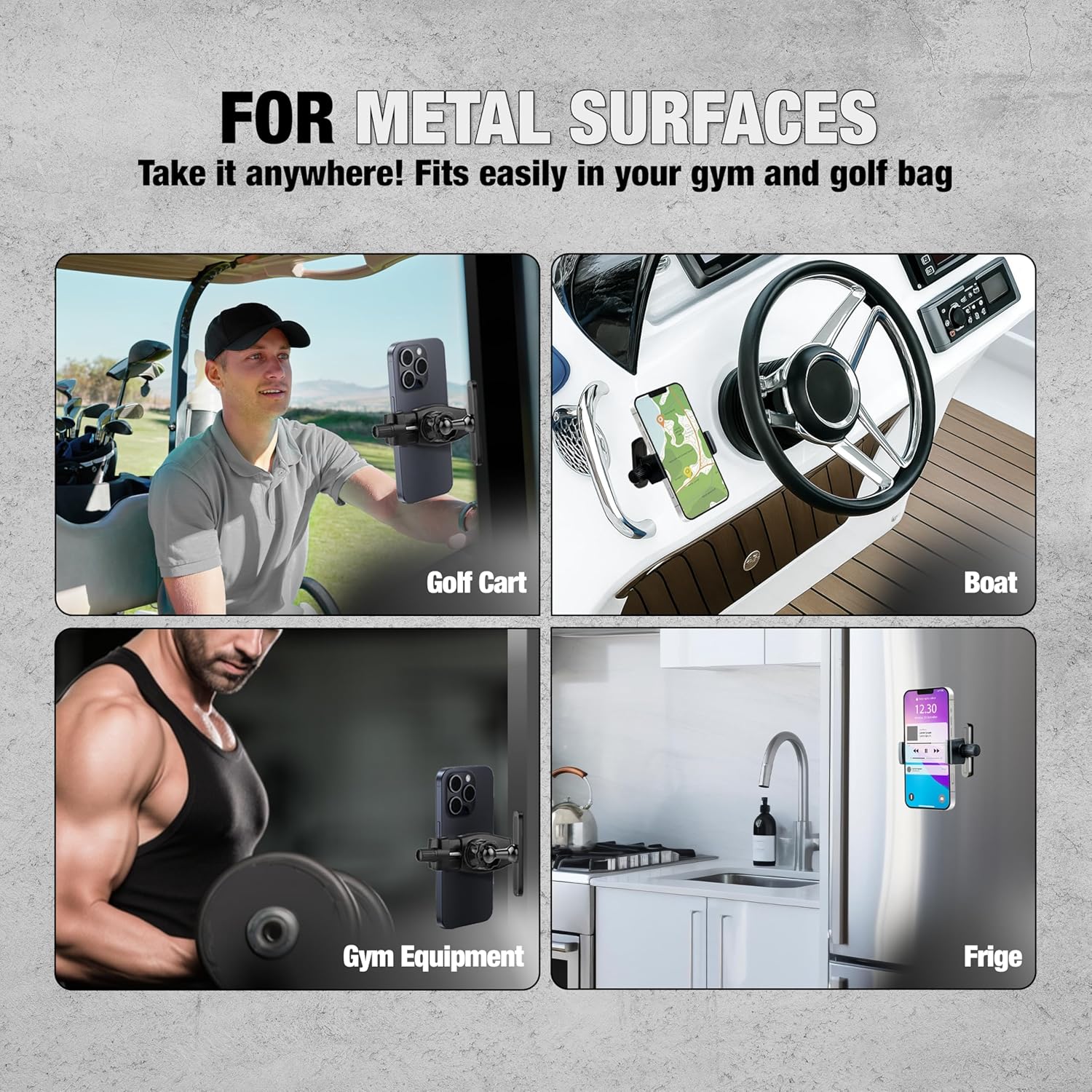 Product advertisement for a device suitable for metal surfaces, shown in various settings including golf cart, boat, gym equipment, and fridge.