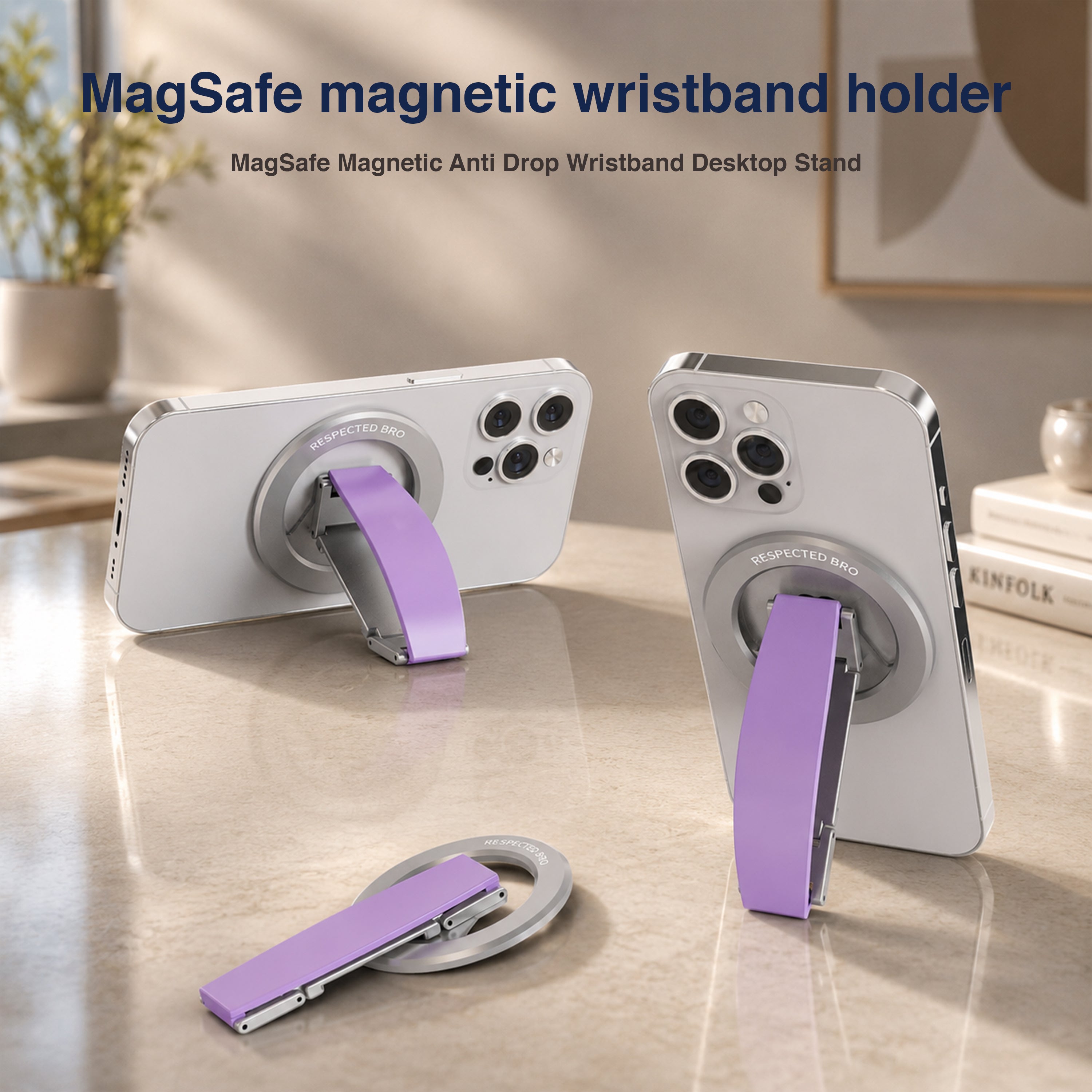 Support magnétique pour téléphone, anneau de maintien magnétique avec dragonne en silicone, compatible avec iPhone 17/16/15/14/13/12, Android et autres (violet)