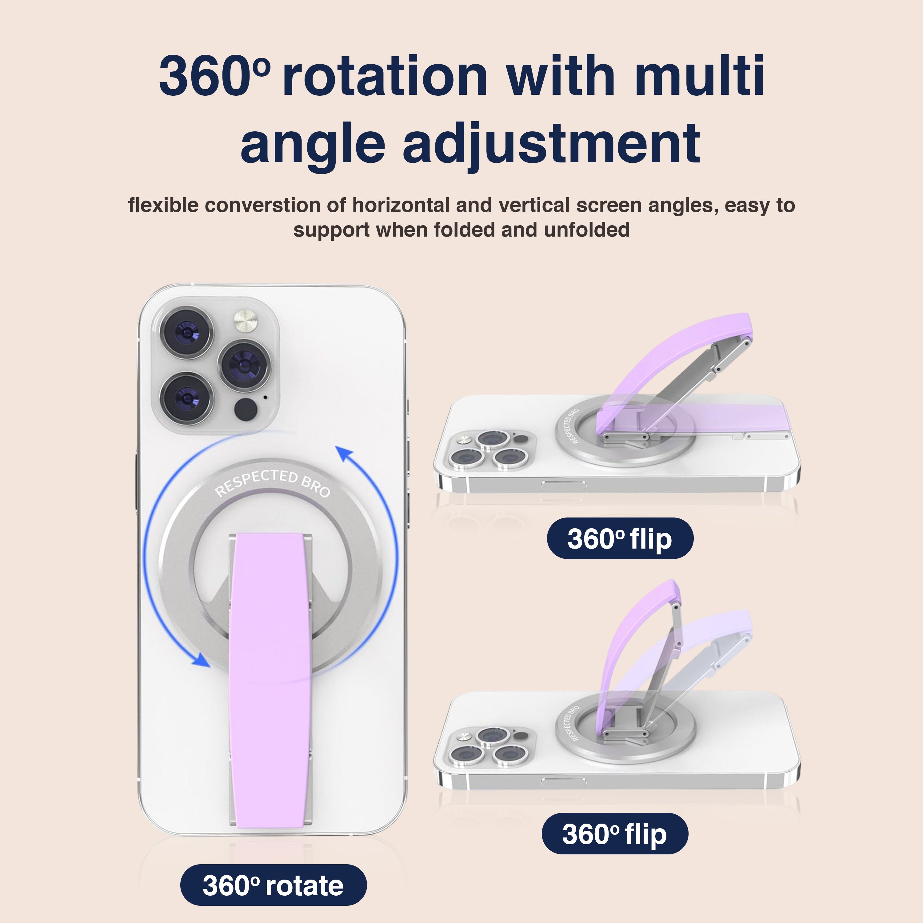 Support magnétique pour téléphone, anneau de maintien magnétique avec dragonne en silicone, compatible avec iPhone 17/16/15/14/13/12, Android et autres (violet)