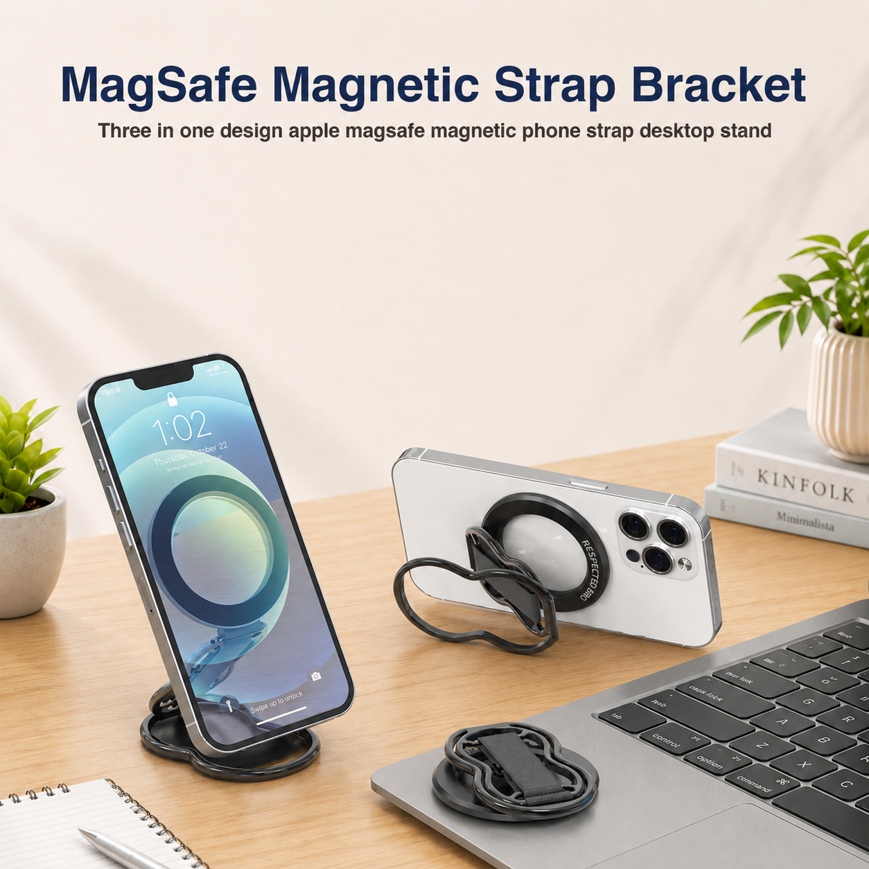 Support magnétique pour téléphone avec dragonne, anneau magnétique 4 en 1, béquille et dragonne élastique, compatible avec iPhone 17/16/15/14/13/12, Android et coques (noir)