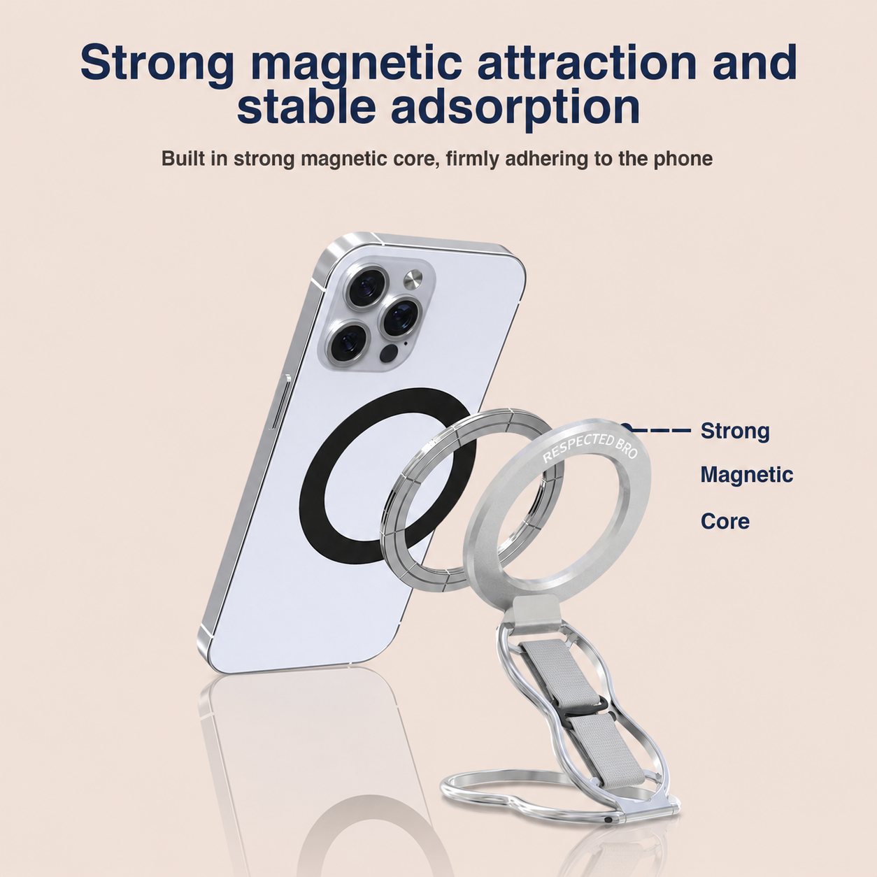 Support magnétique pour téléphone RESPECTED-BRO avec dragonne, support magnétique 4 en 1, béquille et dragonne élastique, compatible avec iPhone 17/16/15/14/13/12, Android et coques (Argent)