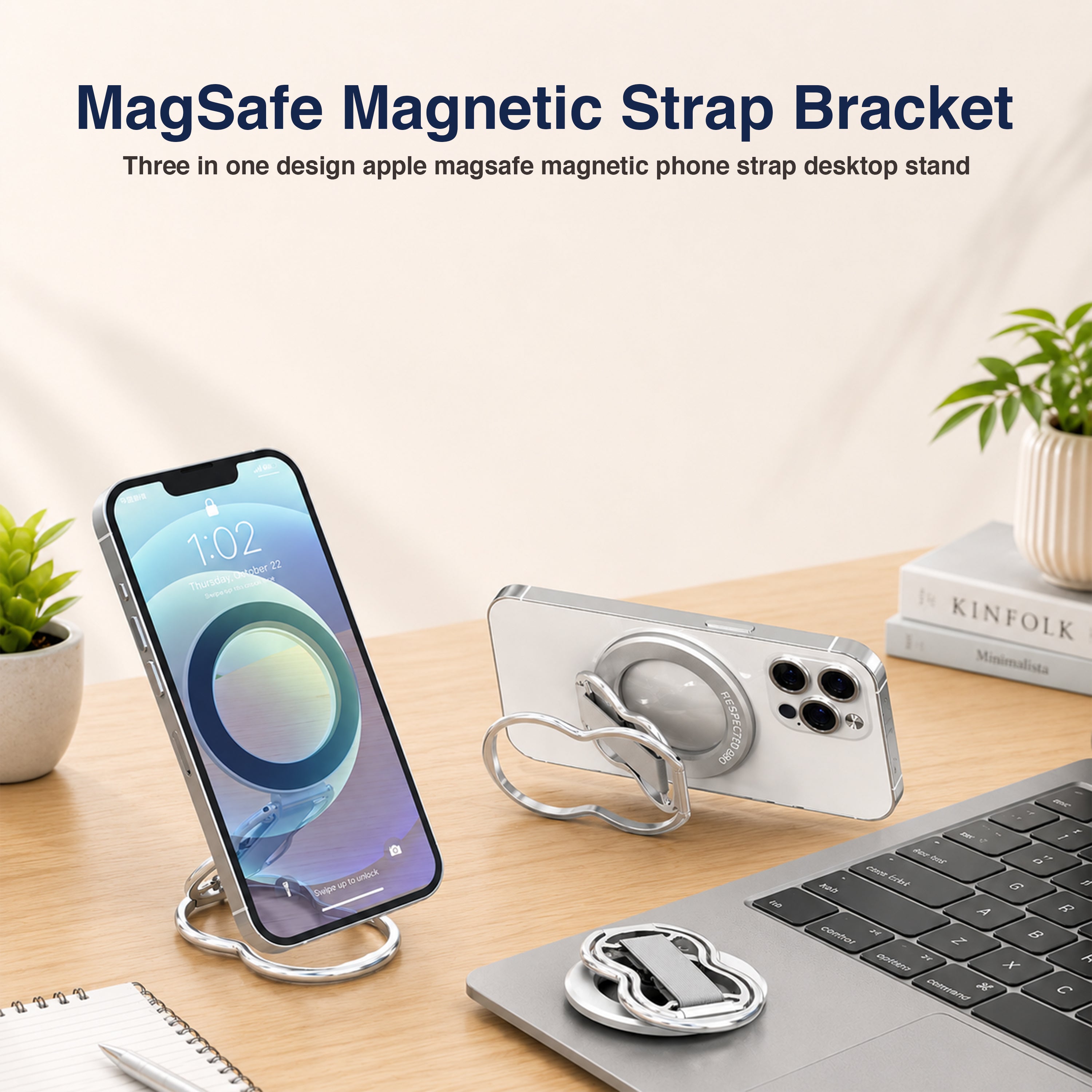 Support magnétique pour téléphone RESPECTED-BRO avec dragonne, support magnétique 4 en 1, béquille et dragonne élastique, compatible avec iPhone 17/16/15/14/13/12, Android et coques (Argent)