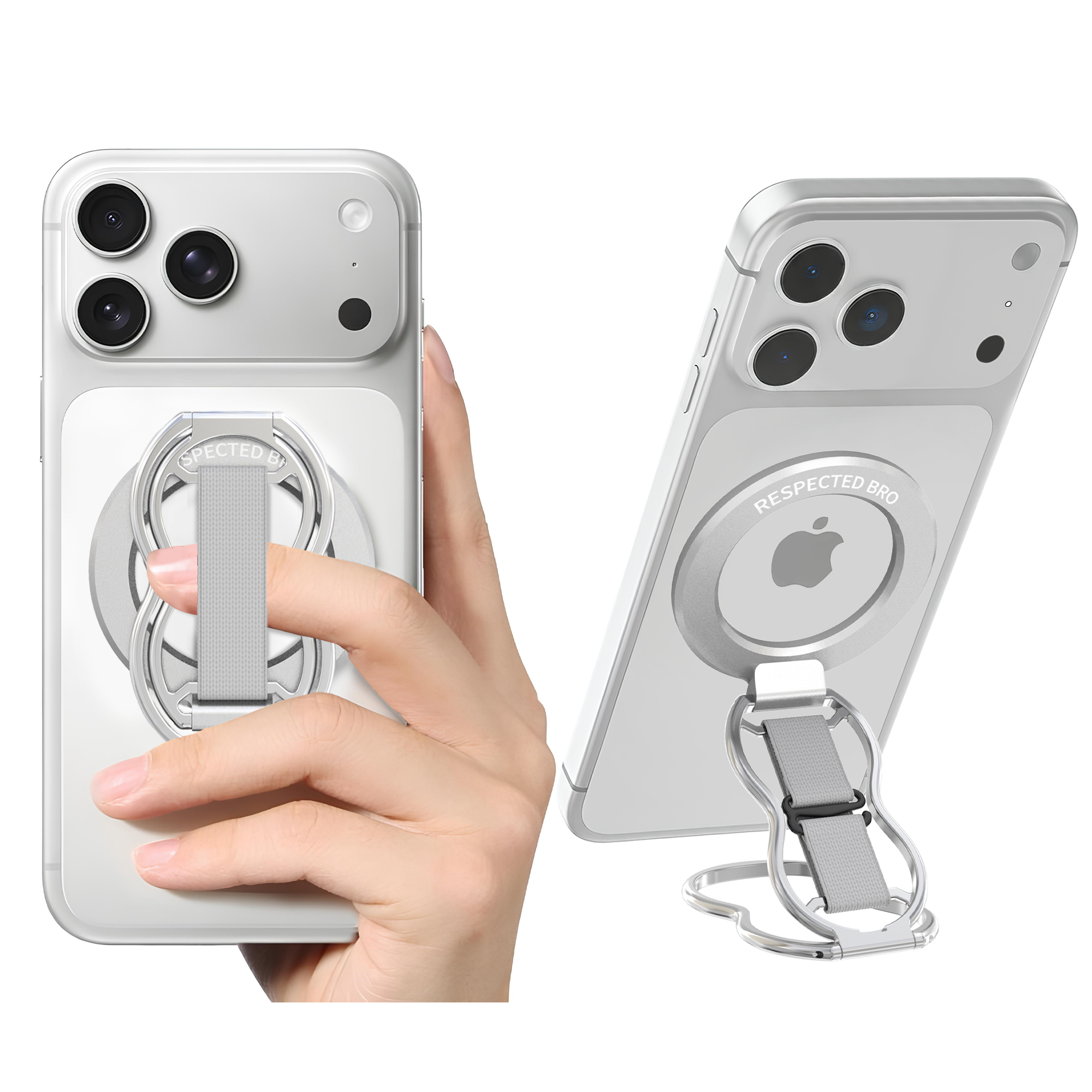 Support magnétique pour téléphone RESPECTED-BRO avec dragonne, support magnétique 4 en 1, béquille et dragonne élastique, compatible avec iPhone 17/16/15/14/13/12, Android et coques (Argent)