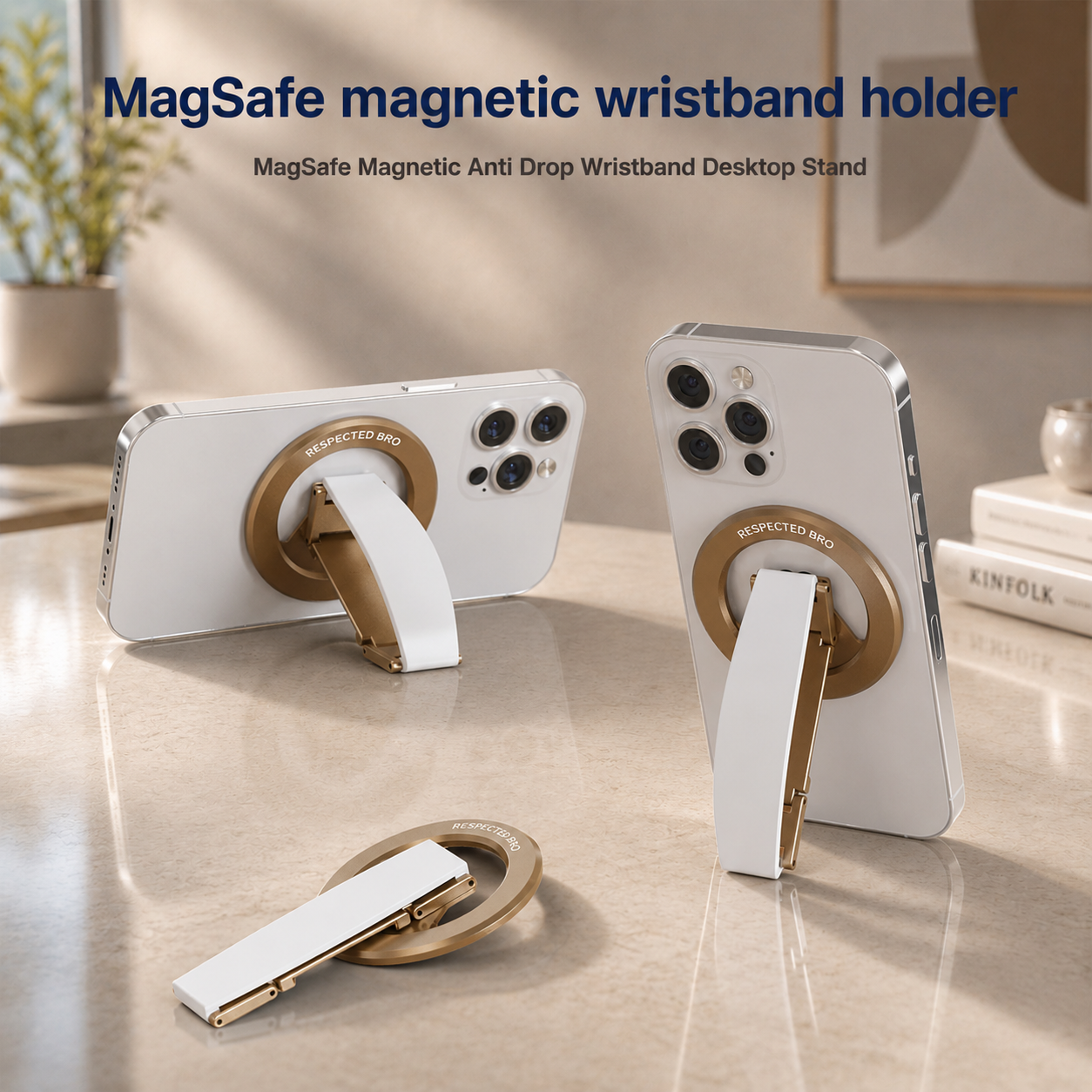 Support magnétique pour téléphone, anneau de maintien magnétique avec dragonne en silicone, compatible avec iPhone 17/16/15/14/13/12, Android et autres (blanc)