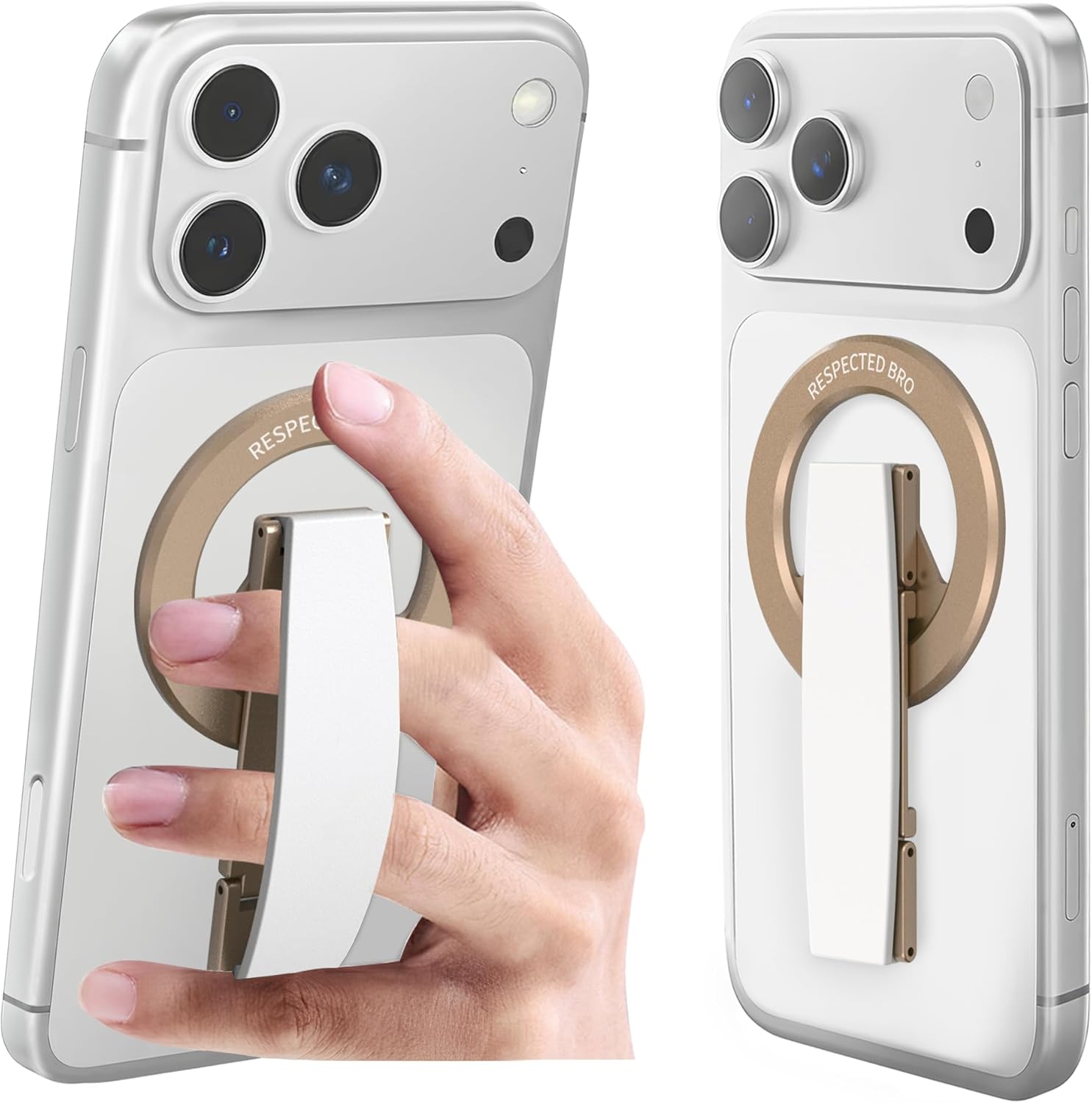 Smartphone with a ring holder attachment, showing a hand using it.